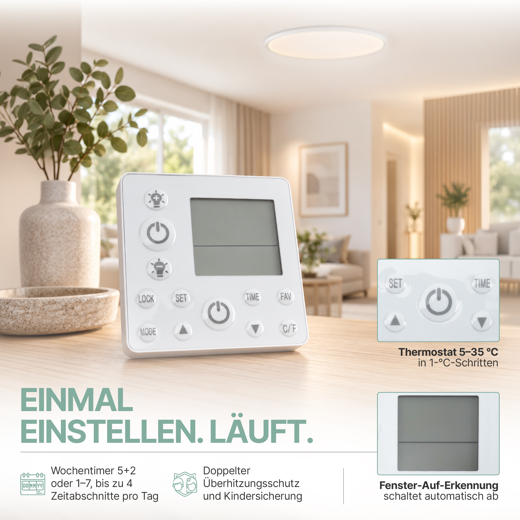 Weißes Thermostat auf Holztisch in modernem Wohnzimmer, mit Bildausschnitten und Text.