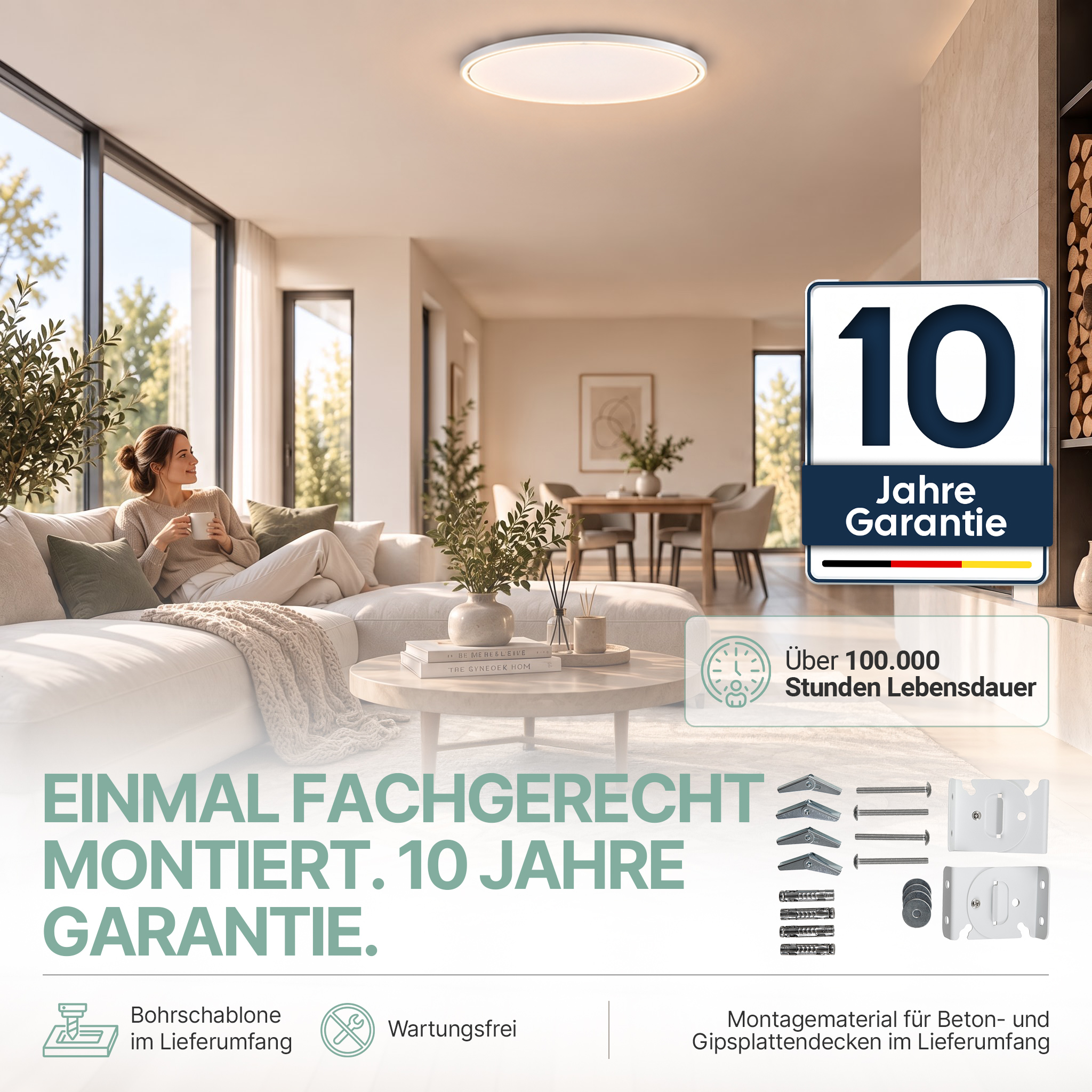Wohnzimmer mit Frau auf Sofa, Deckenleuchte und Garantie-Infografik.
