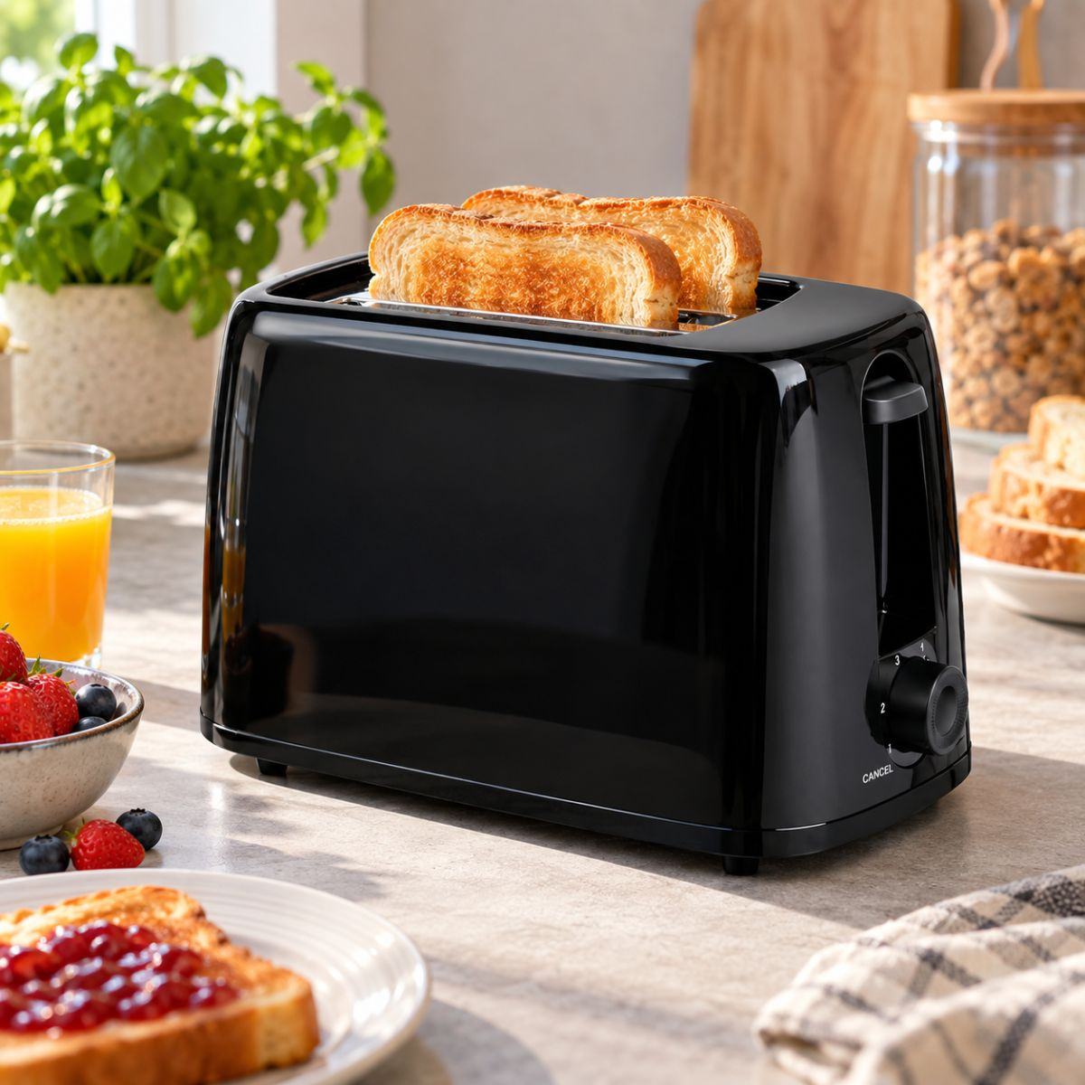 Un grille-pain noir sur un comptoir avec deux tranches de pain grillé, entouré de jus, de baies et de toast à la confiture.