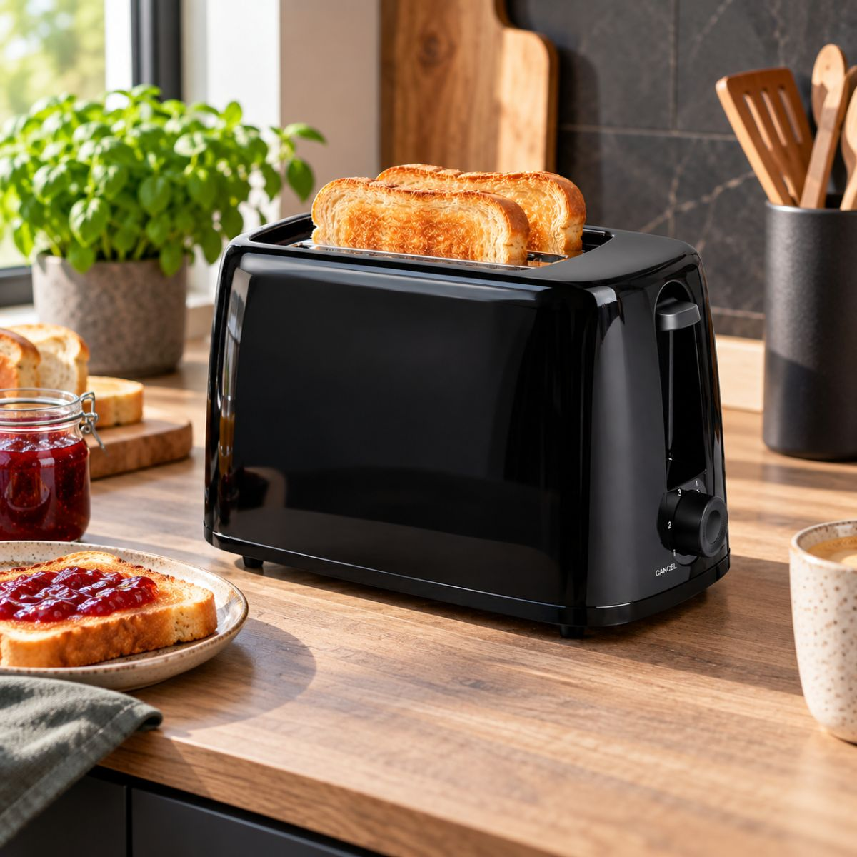 Un grille-pain noir sur un comptoir en bois avec deux tranches de pain grillé, de la confiture, une tasse et une plante.