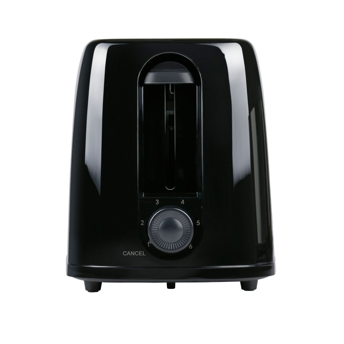 Un grille-pain noir brillant avec une fente, un bouton de minuterie et un bouton d'annulation sur fond blanc.