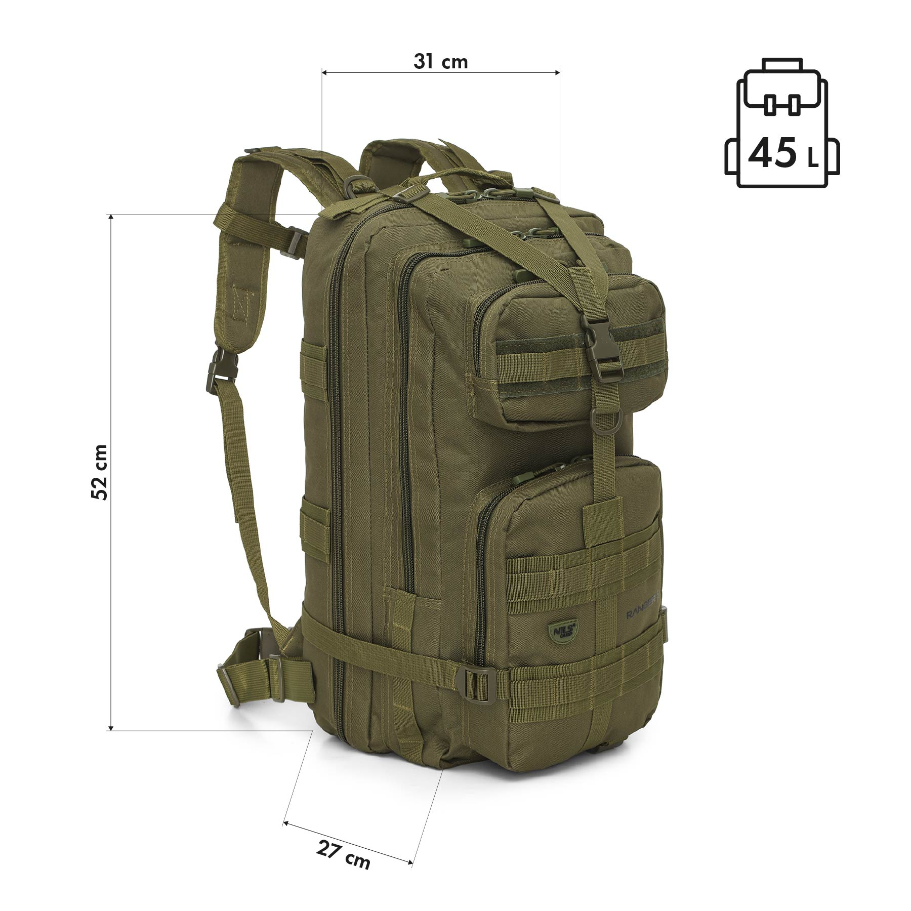 Zielony plecak taktyczny 45L o wymiarach 52x31x27 cm z kieszeniami z przodu.