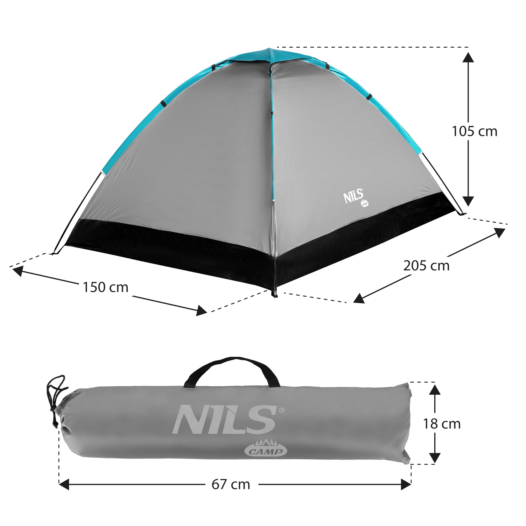 Szary i niebieski namiot Nils Camp o wymiarach 205x150x105 cm, rozłożony i w pokrowcu 67x18 cm.