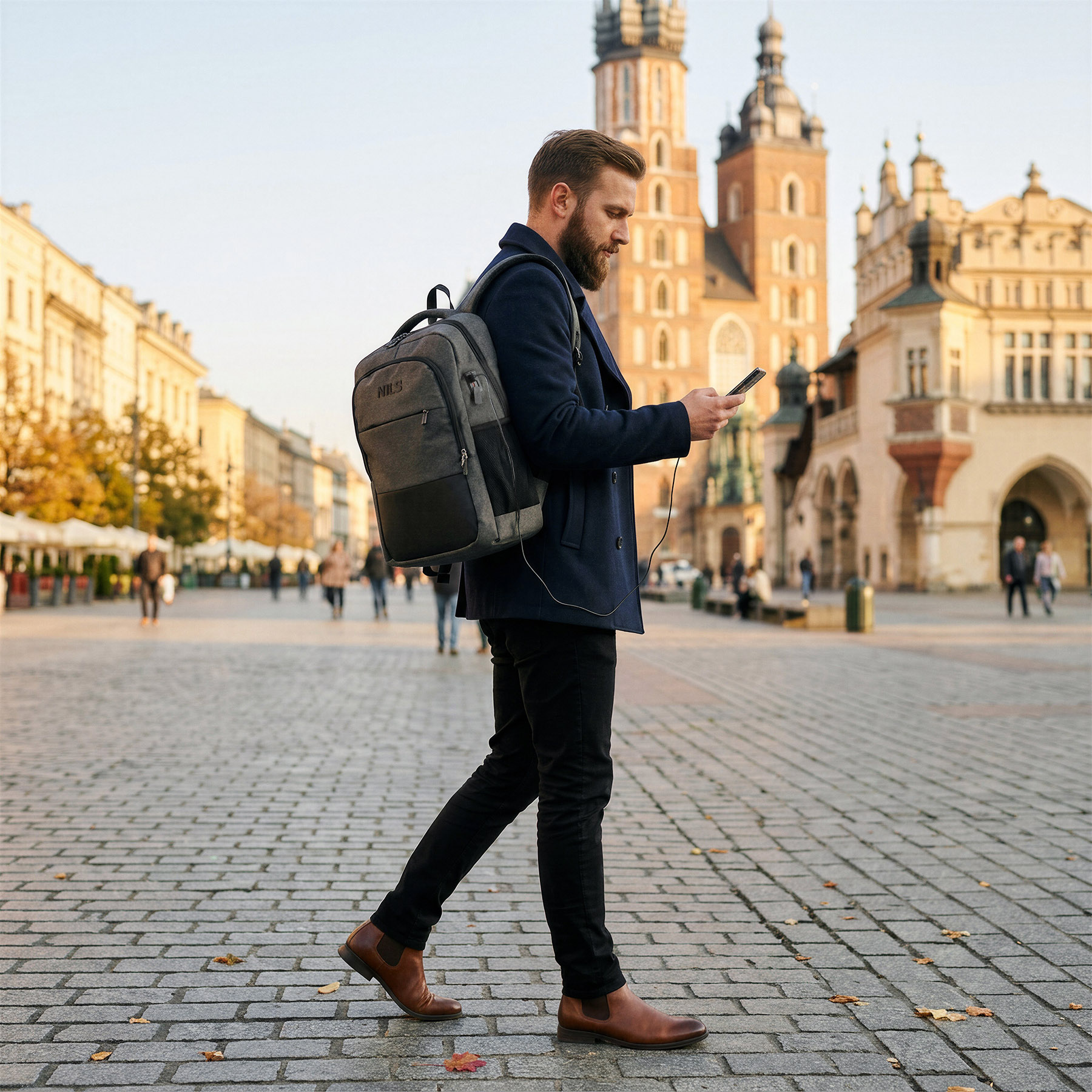 Brodaty mężczyzna idzie po brukowanym placu, ubrany w niebieski płaszcz, plecak i korzystający ze smartfona.