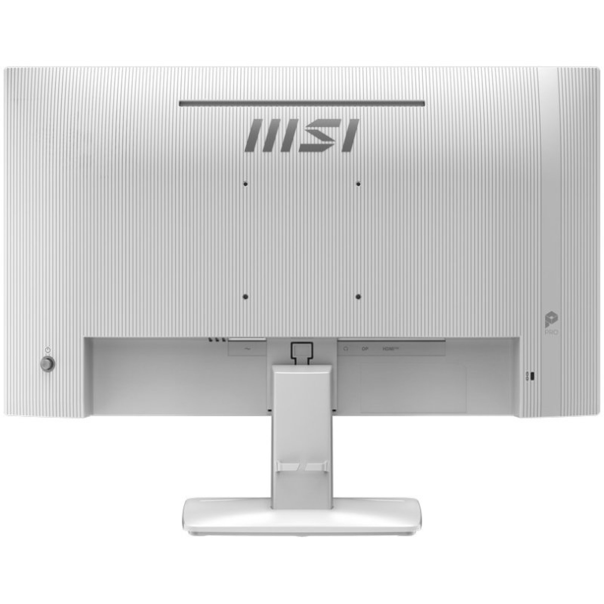 Parte trasera de un monitor MSI blanco con diseño acanalado, soporte y logotipo.