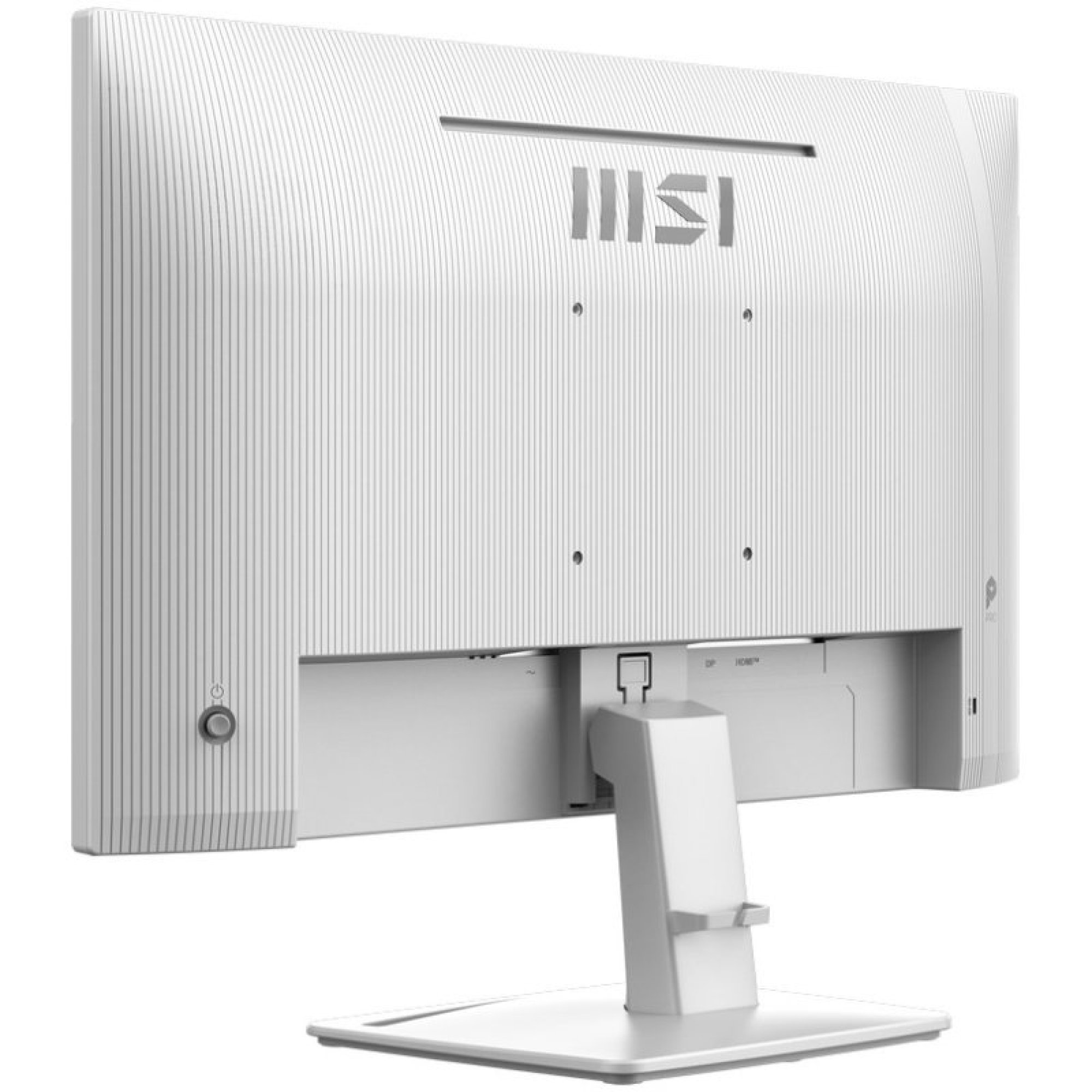 Vista trasera de un monitor de computadora MSI blanco con parte posterior texturizada, logotipo de MSI y soporte resistente.