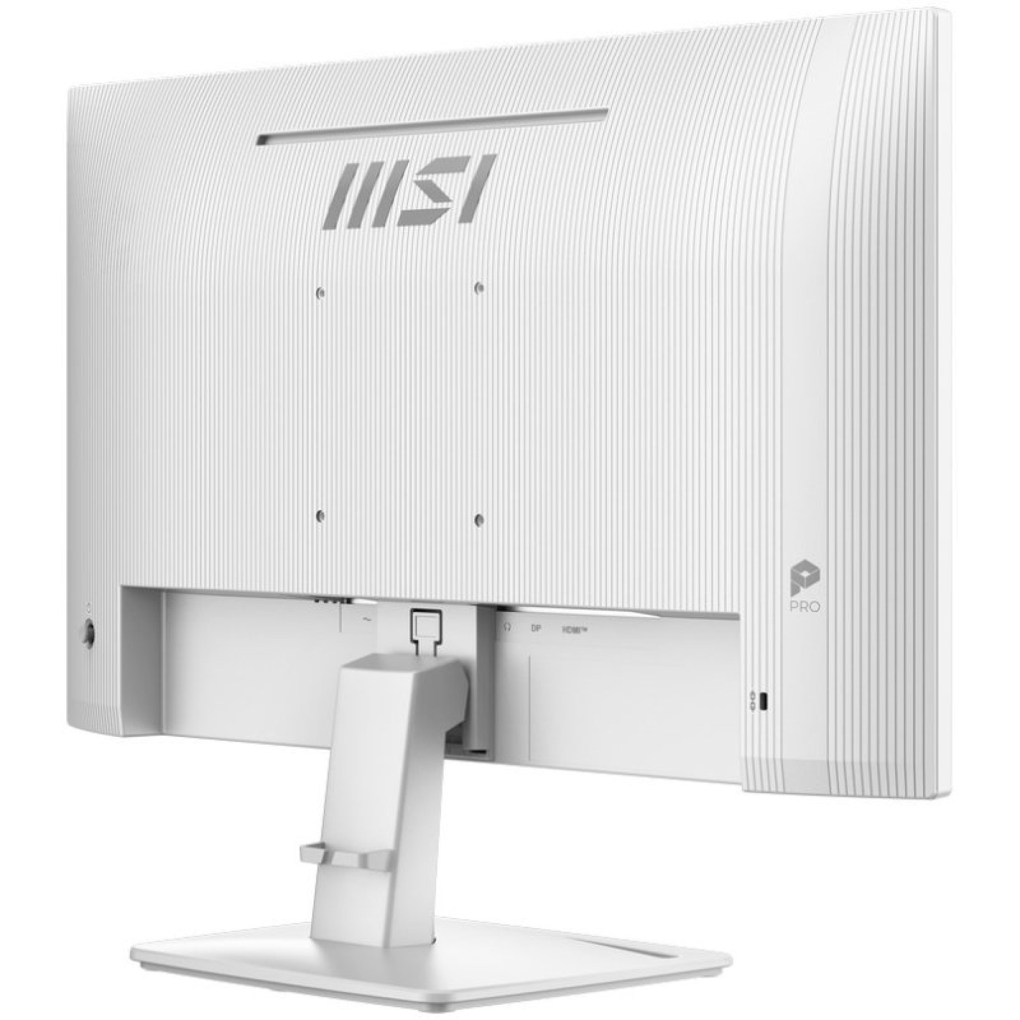 Vista trasera de un monitor MSI blanco en un soporte, mostrando puertos y logotipo.