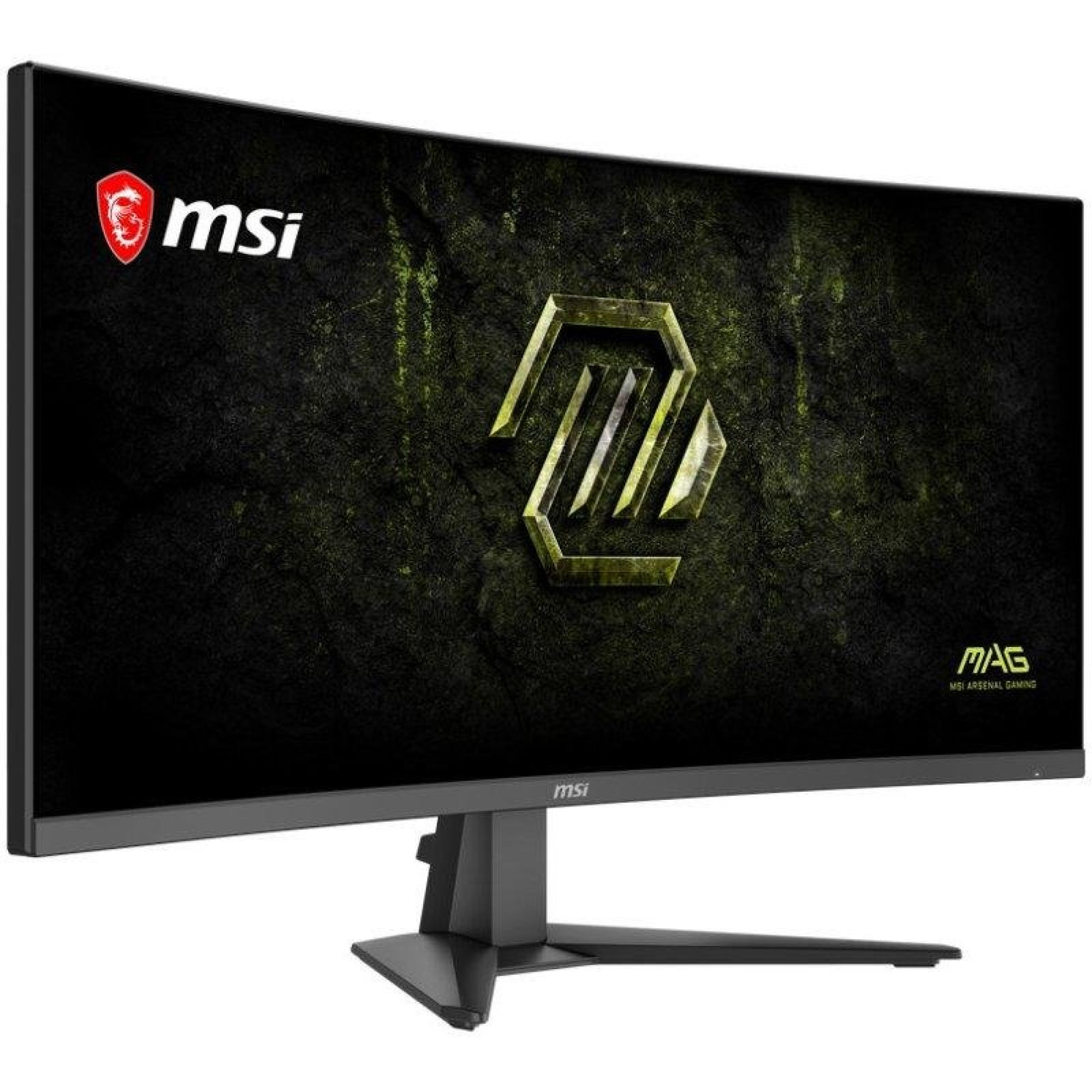 Yeşil ve siyah soyut duvar kağıdı gösteren kavisli bir MSI oyun monitörü.