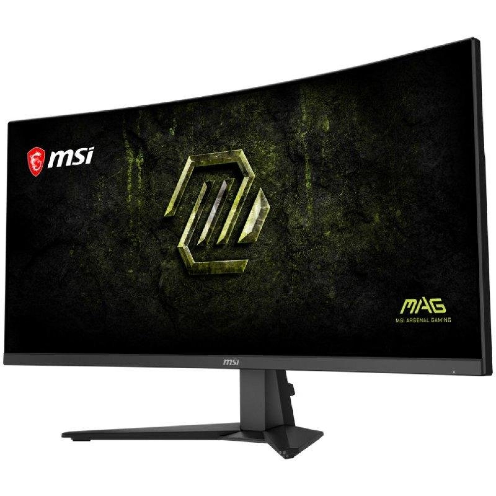 Beyaz arka planda siyah ayaklı kavisli bir MSI MAG oyuncu monitörü.
