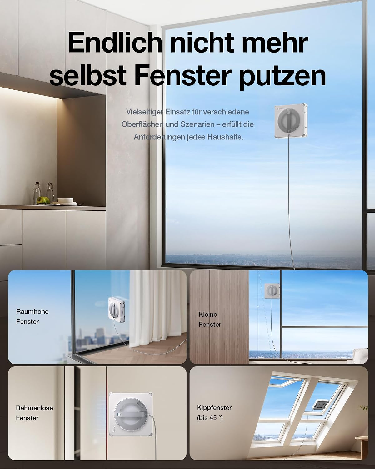 Un anuncio de un robot limpiador de ventanas blanco que limpia varios tipos de ventanas.