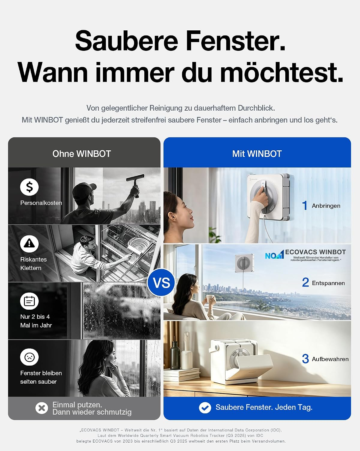Comparación entre la limpieza manual de ventanas y el uso del robot limpiacristales ECOVACS WINBOT.