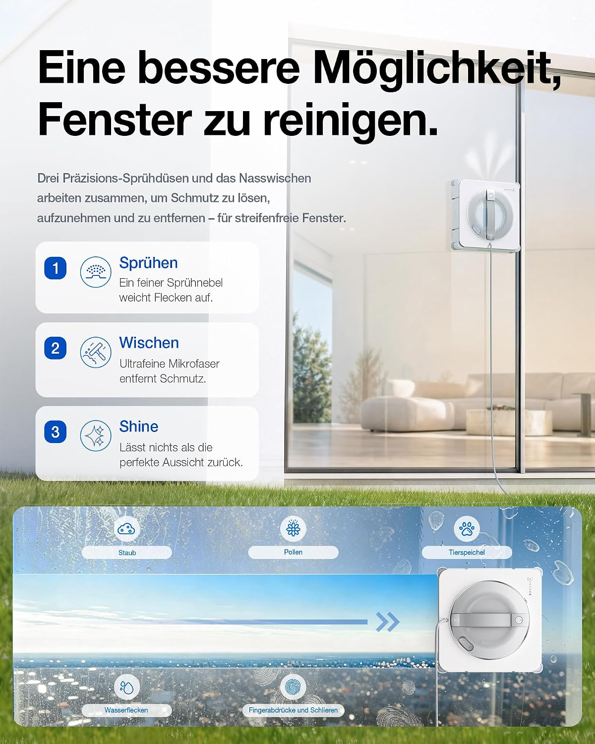 Imagen promocional de un robot limpiacristales que detalla los pasos de limpieza en una superficie de vidrio.