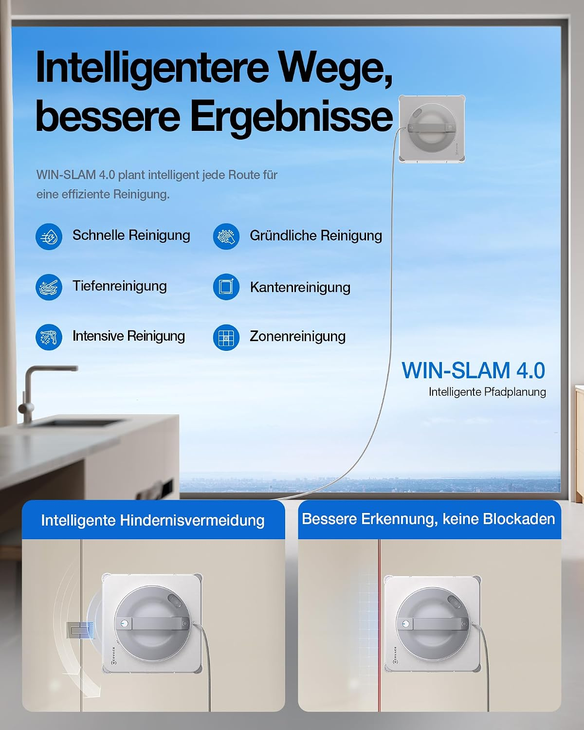 Imagen promocional de un robot limpiador de ventanas inteligente con varios modos de limpieza y texto en alemán.