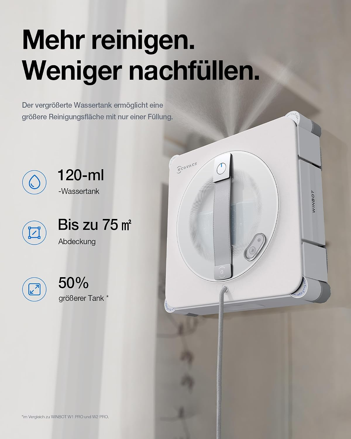 Un robot limpiador de ventanas blanco rocía agua sobre una ventana, con texto e infografías a la izquierda.