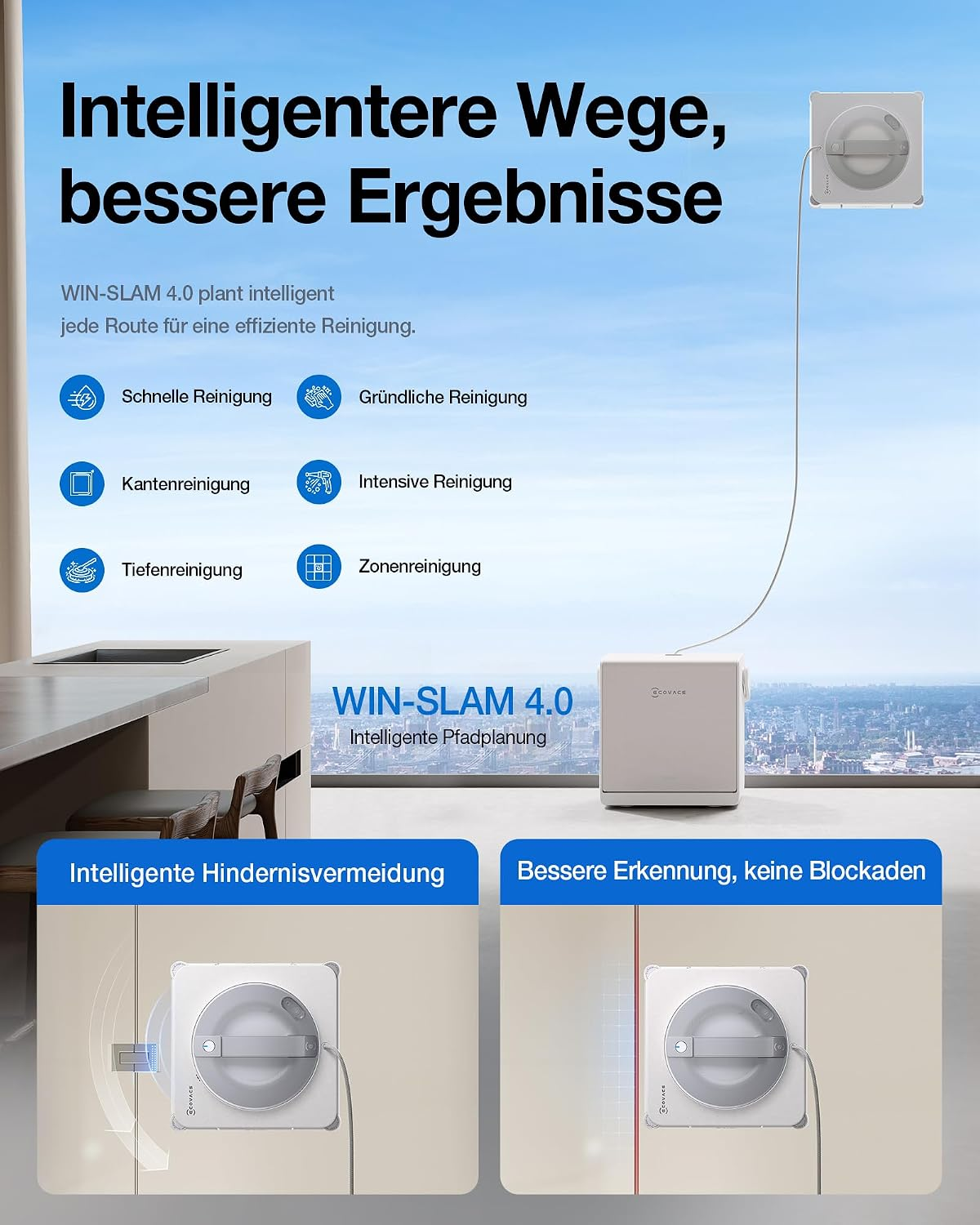 Gráfico promocional de un robot limpiacristales con tecnología WIN-SLAM 4.0 y funciones de evasión de obstáculos.
