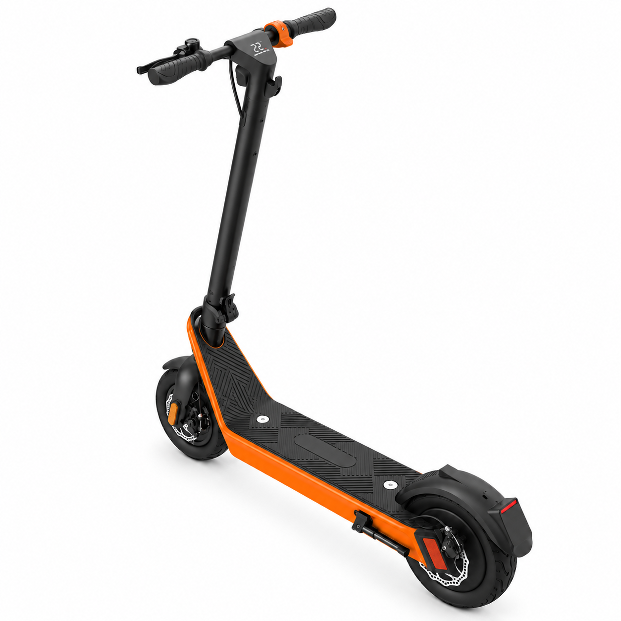 Ein moderner schwarzer und orangefarbener Elektroroller steht vor weißem Hintergrund.