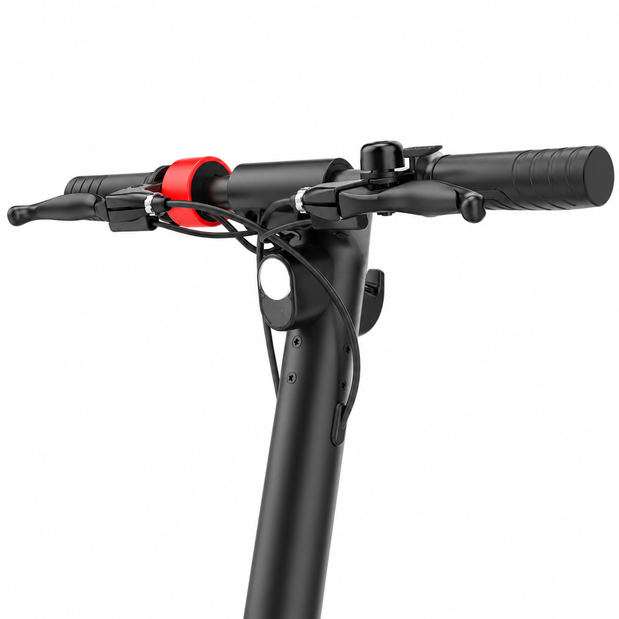 Nahaufnahme eines schwarzen E-Scooter-Lenkers mit rotem Ring, Bremshebeln und Frontlicht auf weißem Grund.