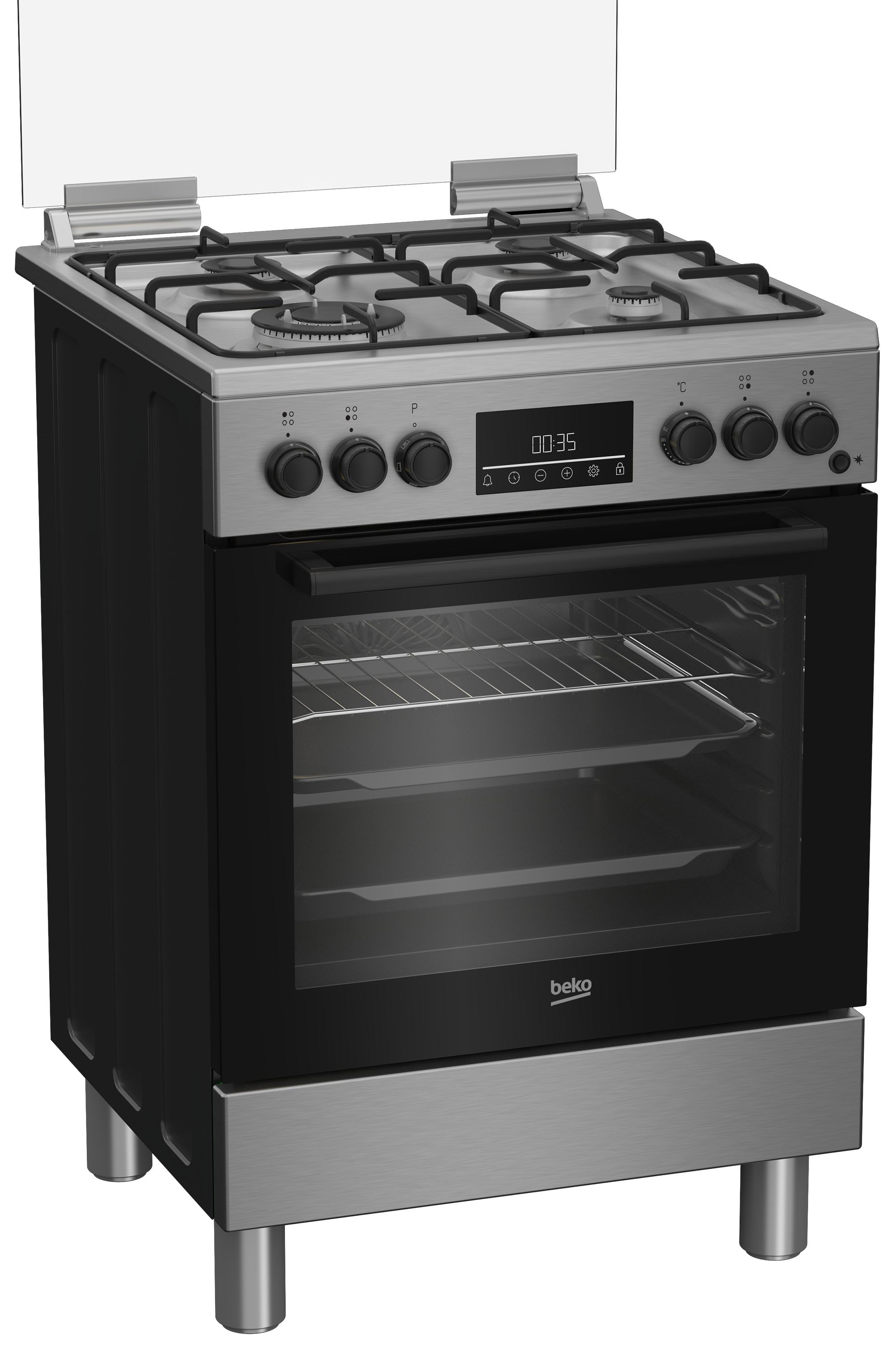 Moderna cucina a gas in acciaio inossidabile con forno nero e display digitale.