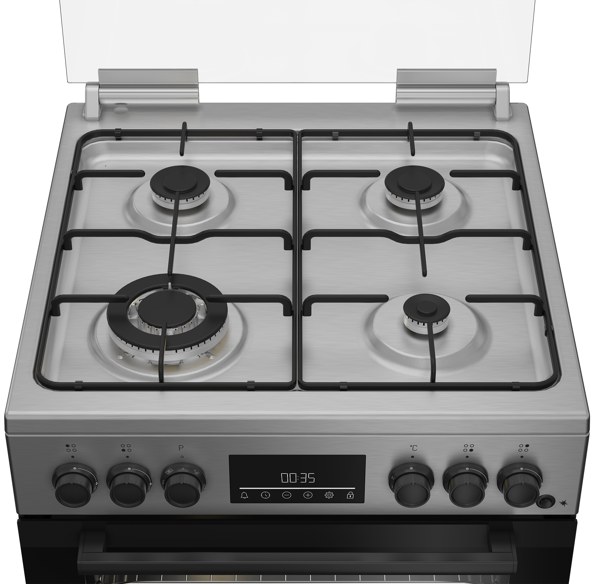 Cucina a gas in acciaio inossidabile con quattro bruciatori, pannello di controllo nero e coperchio.