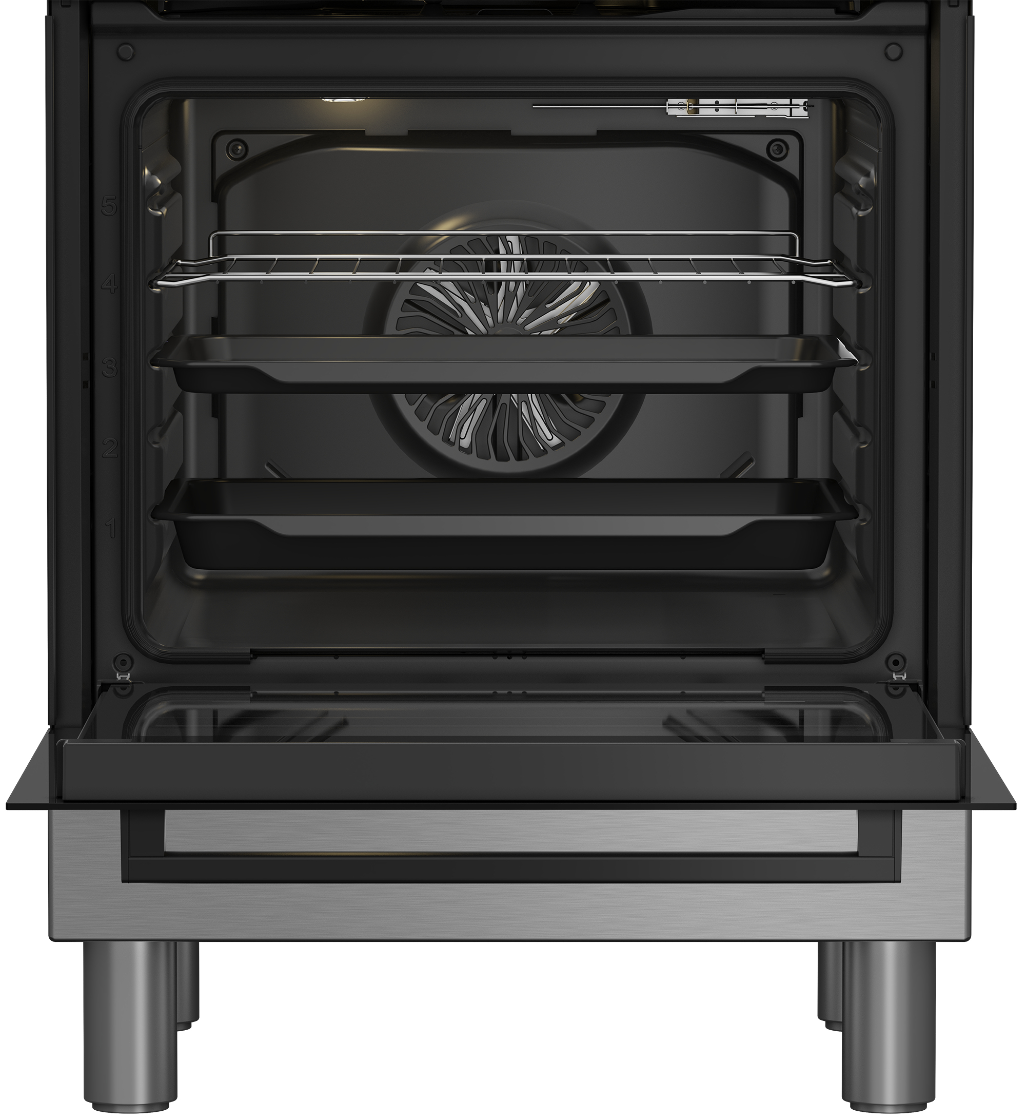 Un forno nero aperto con due teglie, una griglia metallica e una ventola posteriore.