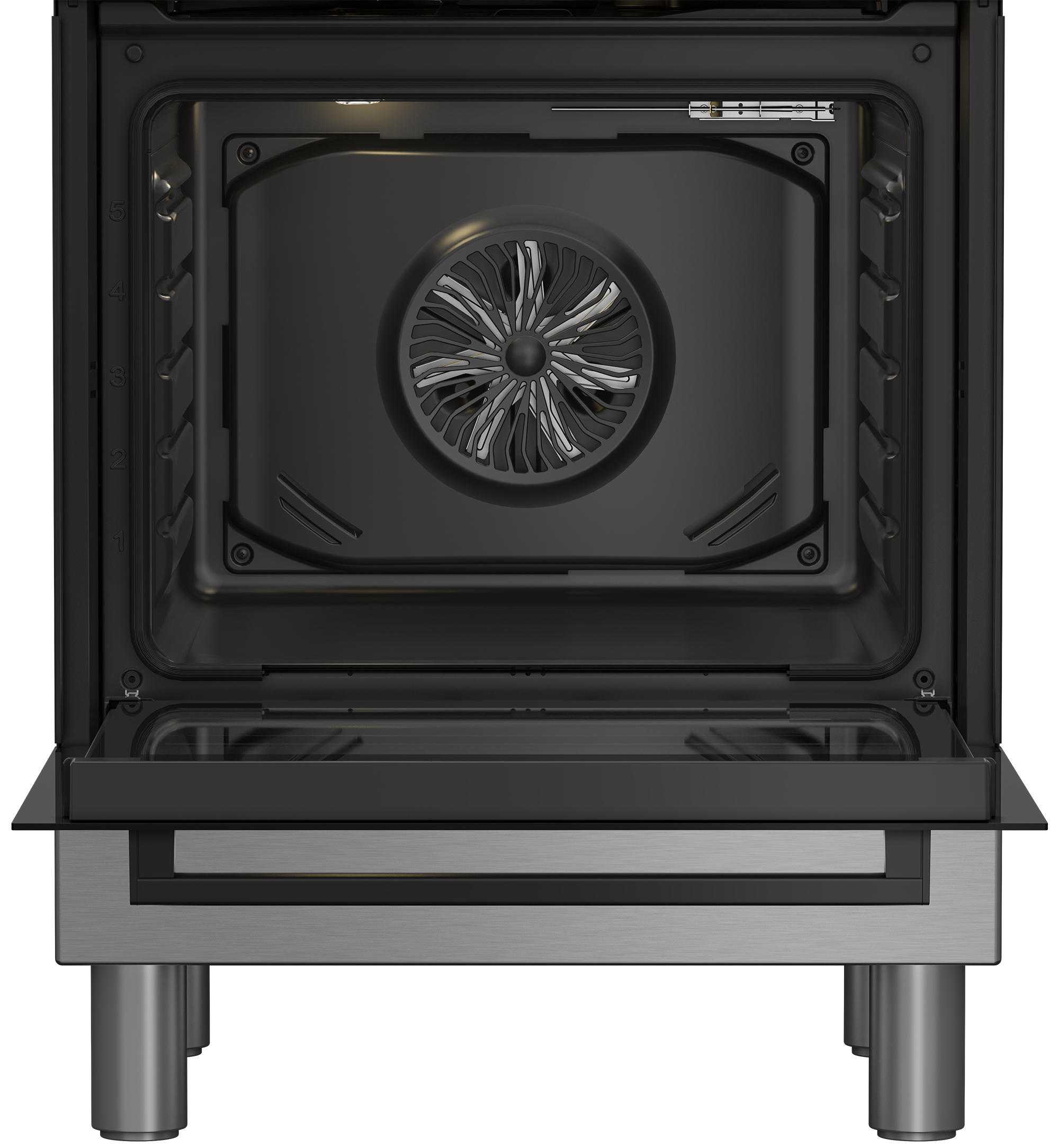 Vista interna di un forno nero aperto con ventola circolare sul retro e gambe in acciaio inox.
