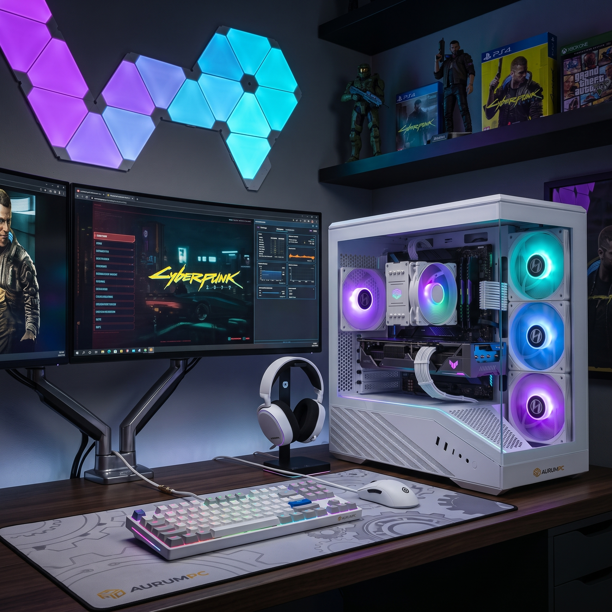 Gaming-PC mit RGB-Lüftern, zwei Monitoren, weißer Tastatur, Maus und Kopfhörern auf einem Holztisch.