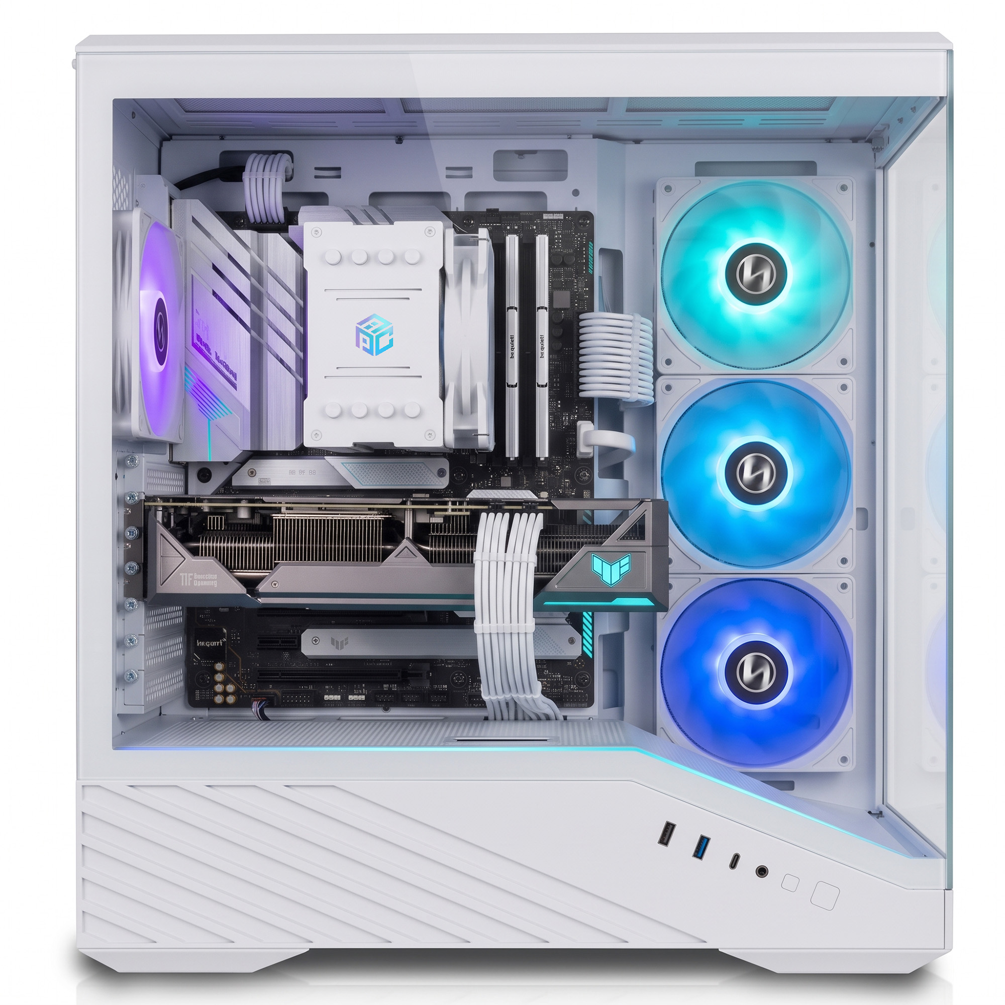 Ein weißer PC-Gehäuseinneres mit blauen, leuchtenden Lüftern und weissen Komponenten.