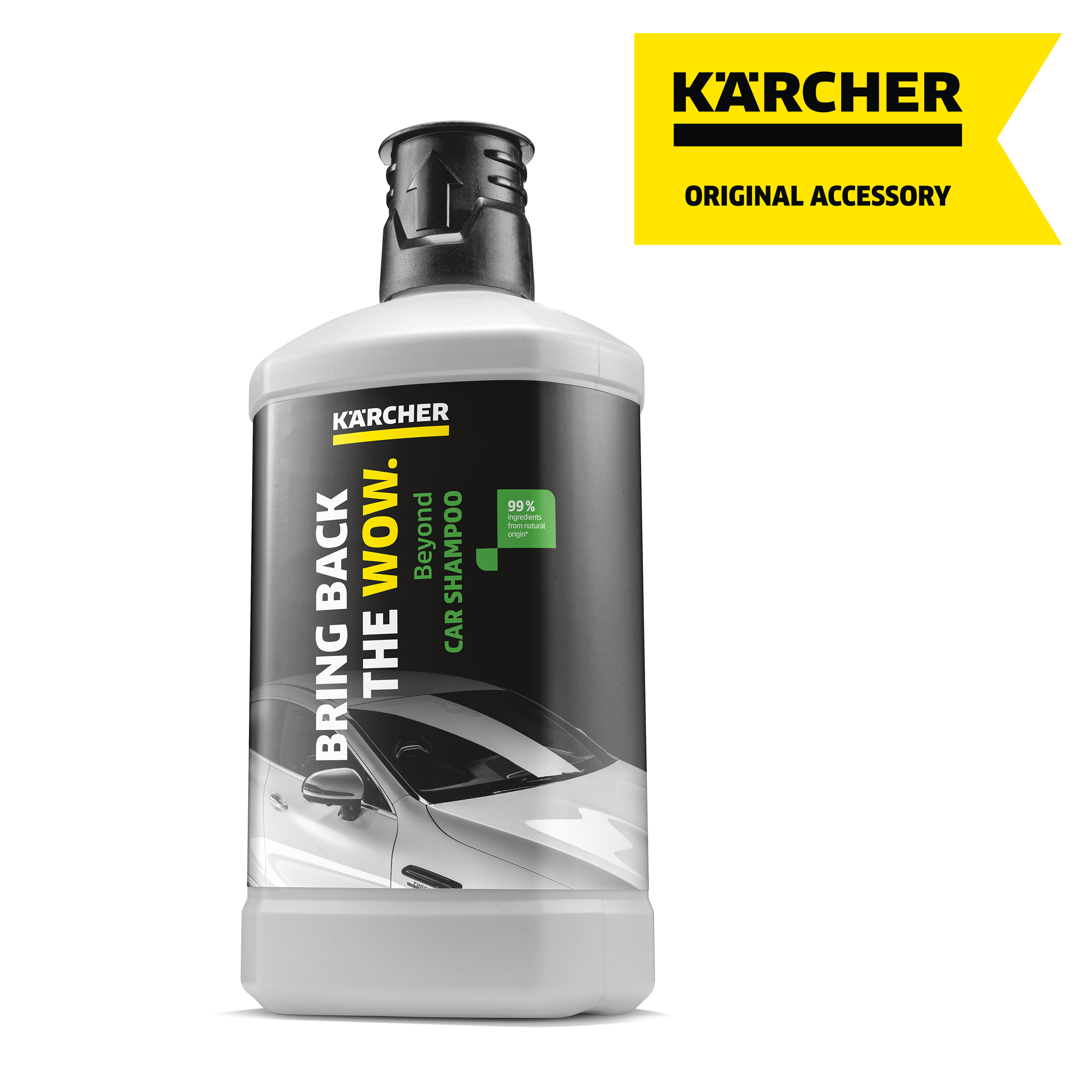 Una botella blanca de champú para coche Kärcher con etiqueta negra y logo amarillo.