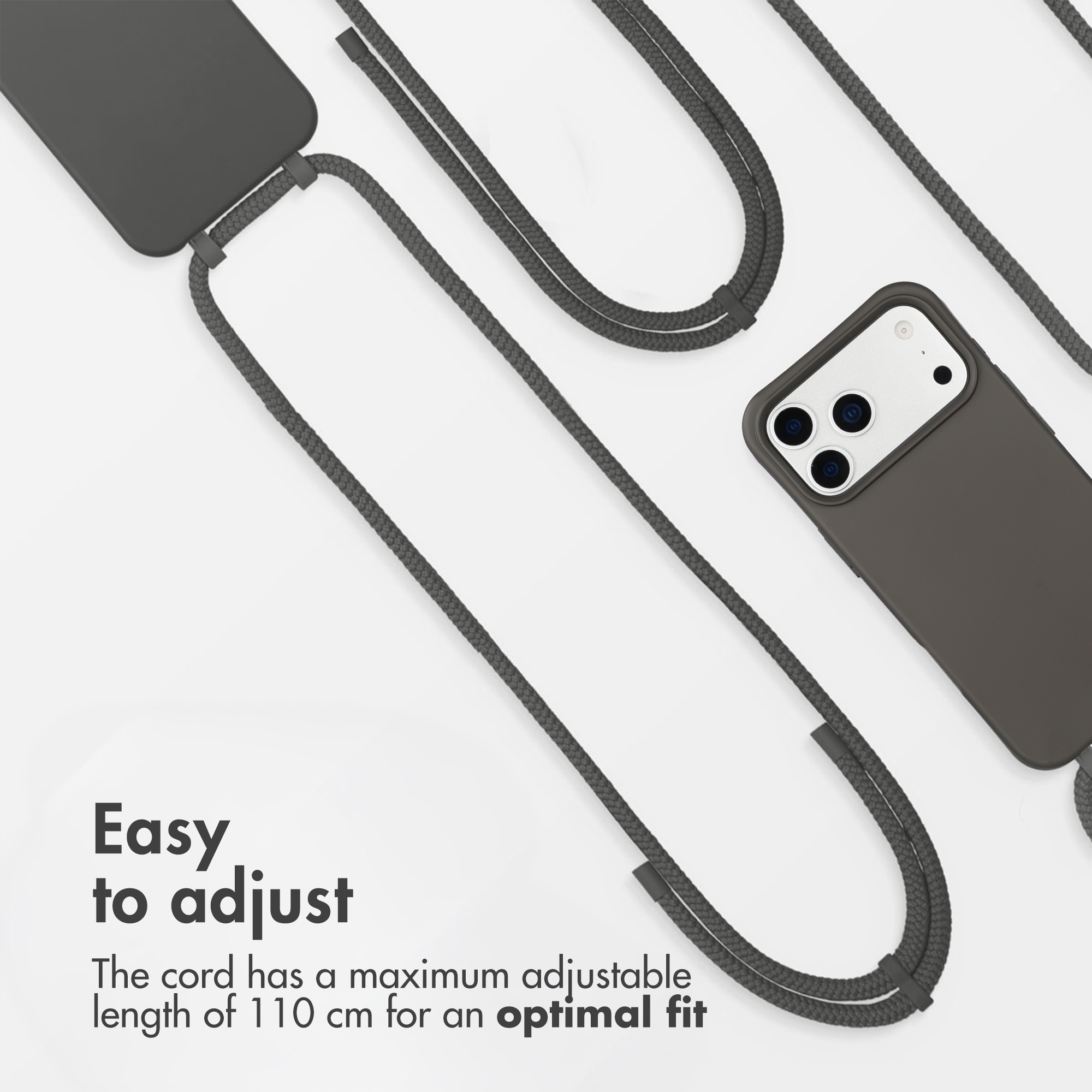 Custodia per cellulare grigio scuro con cordino regolabile su sfondo chiaro.