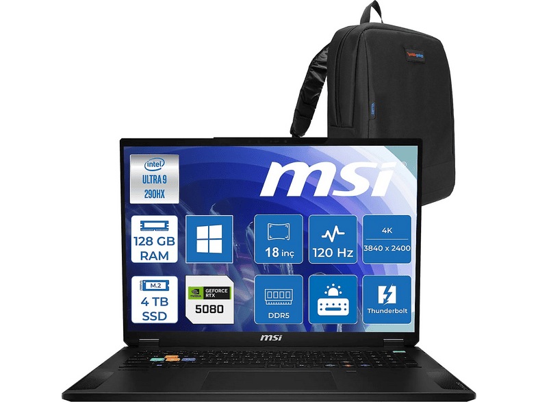 MSI Stealth 18 HX DDR5 MSA2WI081TRP55 Intel Core Ultra 9 290HX 128 GB RAM 4 TB SSD 18 inç FreeDOS Laptop+Çanta Gece Siyahı