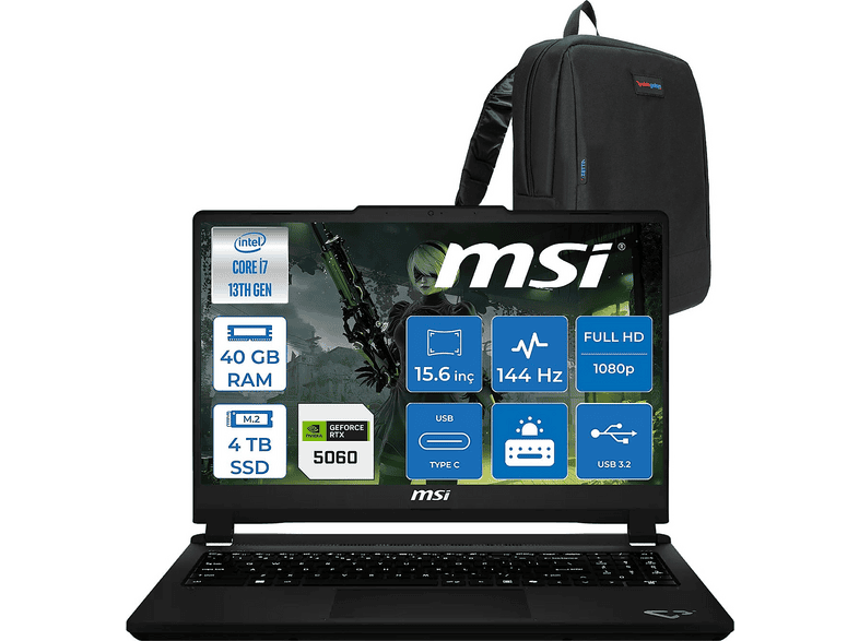 MSI Cyborg 15 Max DDR5 RTX5060 065XTRF20 Intel Core i7-13620H 40 GB RAM 4 TB SSD 15,6 inç FreeDOS Laptop+Çanta Platinum Gri