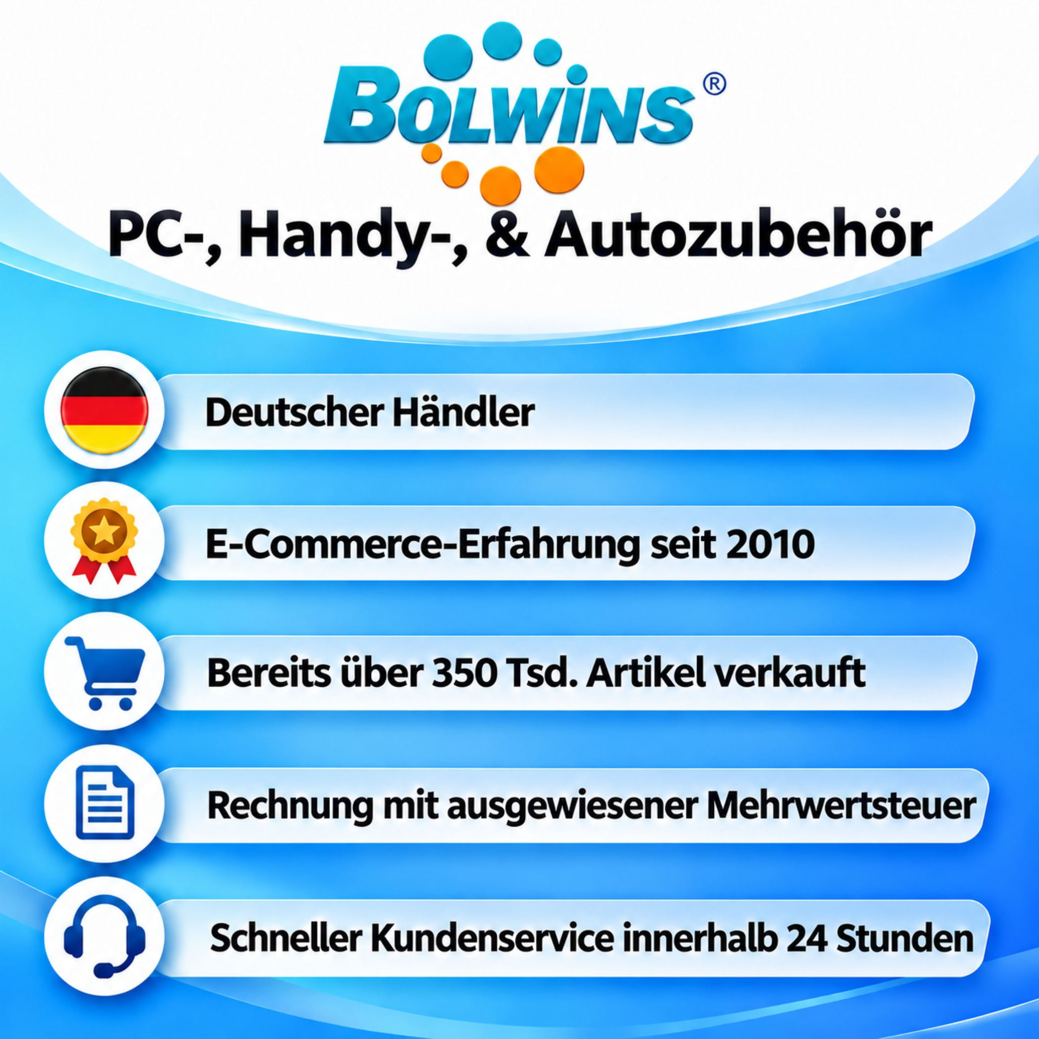 Bolwins Werbebanner mit blauen Hintergrund, Firmenlogo und fünf Verkaufsargumenten auf Deutsch.
