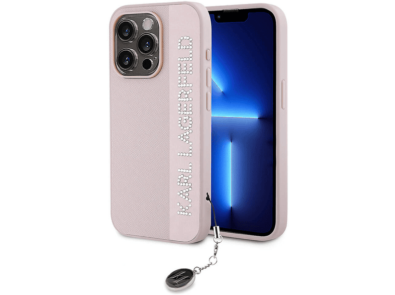 KARL LAGERFELD Apple iPhone 15 Pro Uyumlu Karl Lagerfeld Lisanslı Anahtarlıklı Taşlı KL Yazılı Saffiano Rhin Telefon Kılıfı Pembe