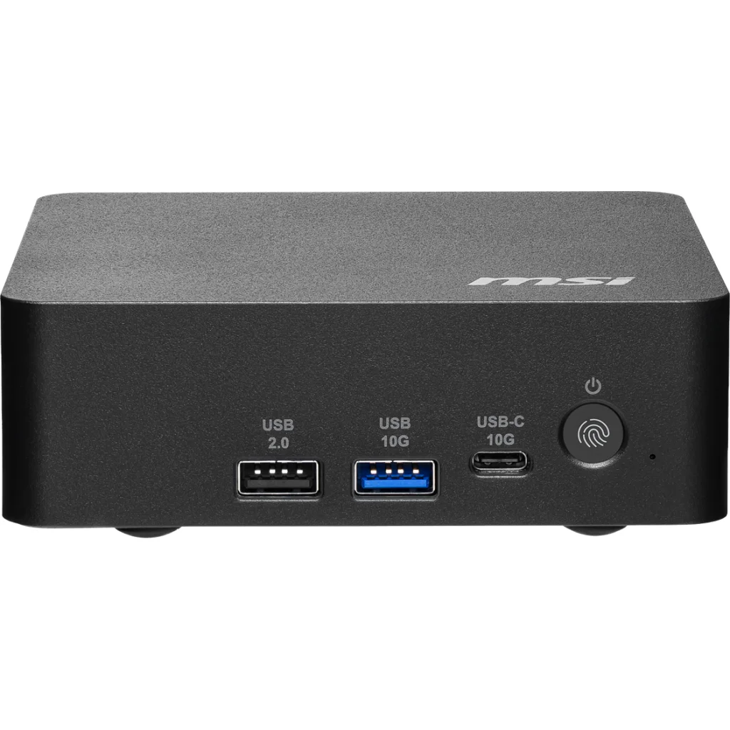 USB 2.0, USB 10G, USB-C 10G bağlantı noktalarına ve parmak izi okuyuculu güç düğmesine sahip siyah bir MSI mini PC ön paneli.
