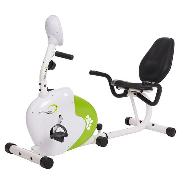 Una bicicleta estática reclinada blanca y verde con asiento y respaldo negros sobre fondo blanco.