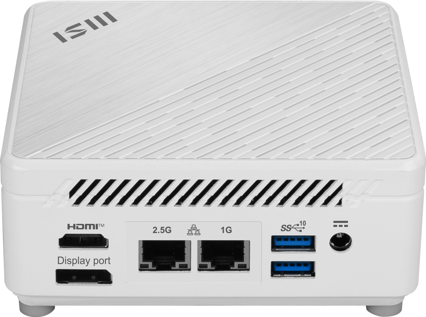 HDMI, DisplayPort, çift LAN, iki USB bağlantı noktası ve güç jakına sahip beyaz MSI mini PC arka paneli.