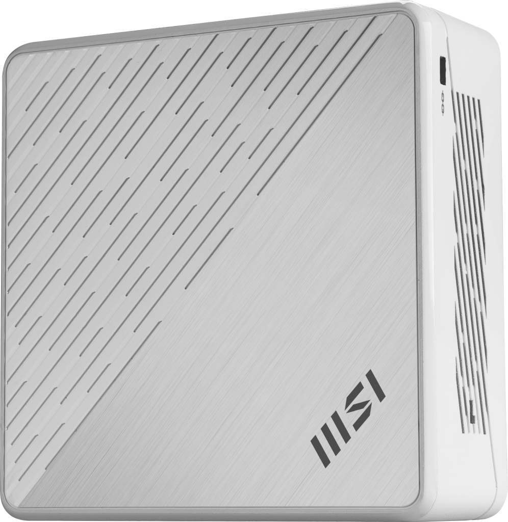 Üstünde çapraz havalandırma çizgileri ve köşesinde koyu renkli logo olan beyaz MSI mini PC.