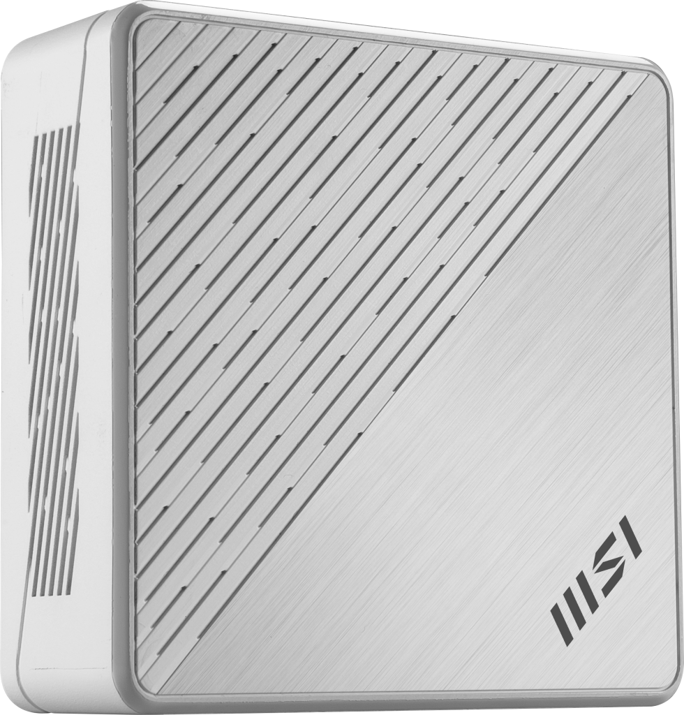 Ön tarafta çapraz havalandırma delikleri ve MSI logosu bulunan beyaz bir mini PC.