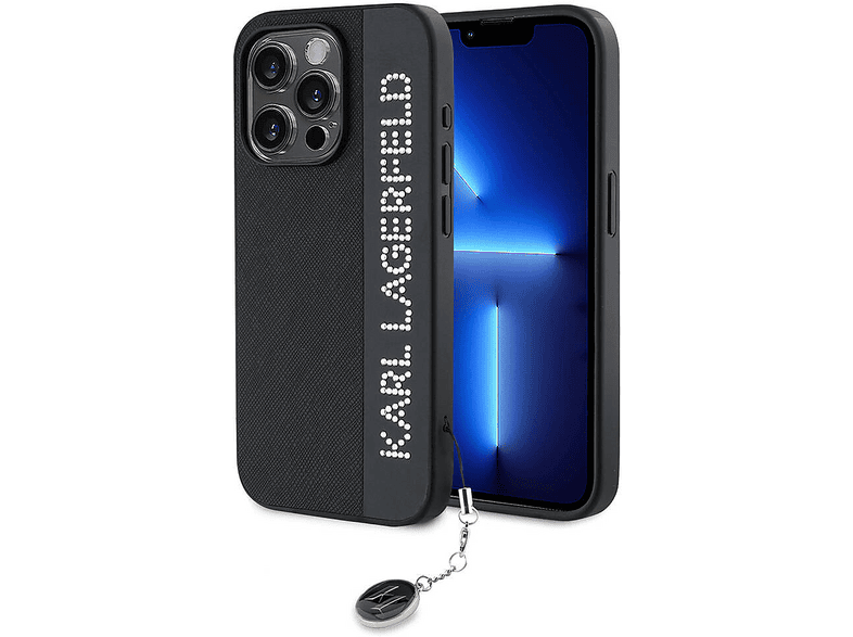 KARL LAGERFELD Apple iPhone 15 Pro Max Uyumlu Karl Lagerfeld Lisanslı Anahtarlıklı Taşlı KL Yazılı Saffiano Telefon Kılıfı Siyah
