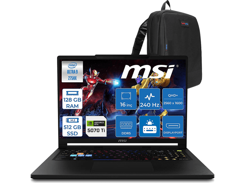 MSI Raider 16 HX DDR5 MSW091TRF49 Intel Core Ultra 9 275HX 128 GB RAM 512 GB SSD 16 inç FreeDOS Laptop+Çanta Core Siyah