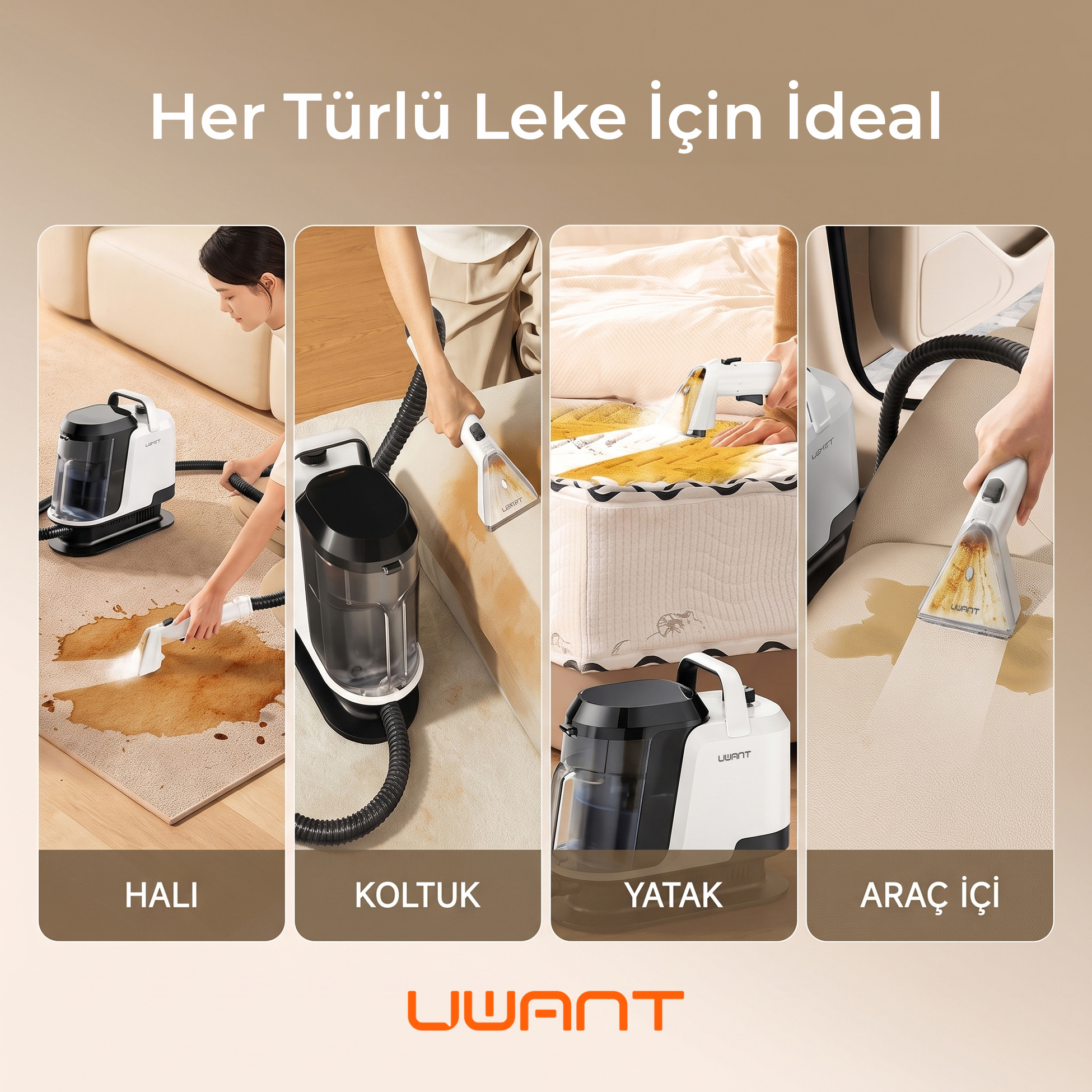 Halı, koltuk, yatak ve araç içinde kullanılan beyaz siyah renkli leke çıkarma makinesi.