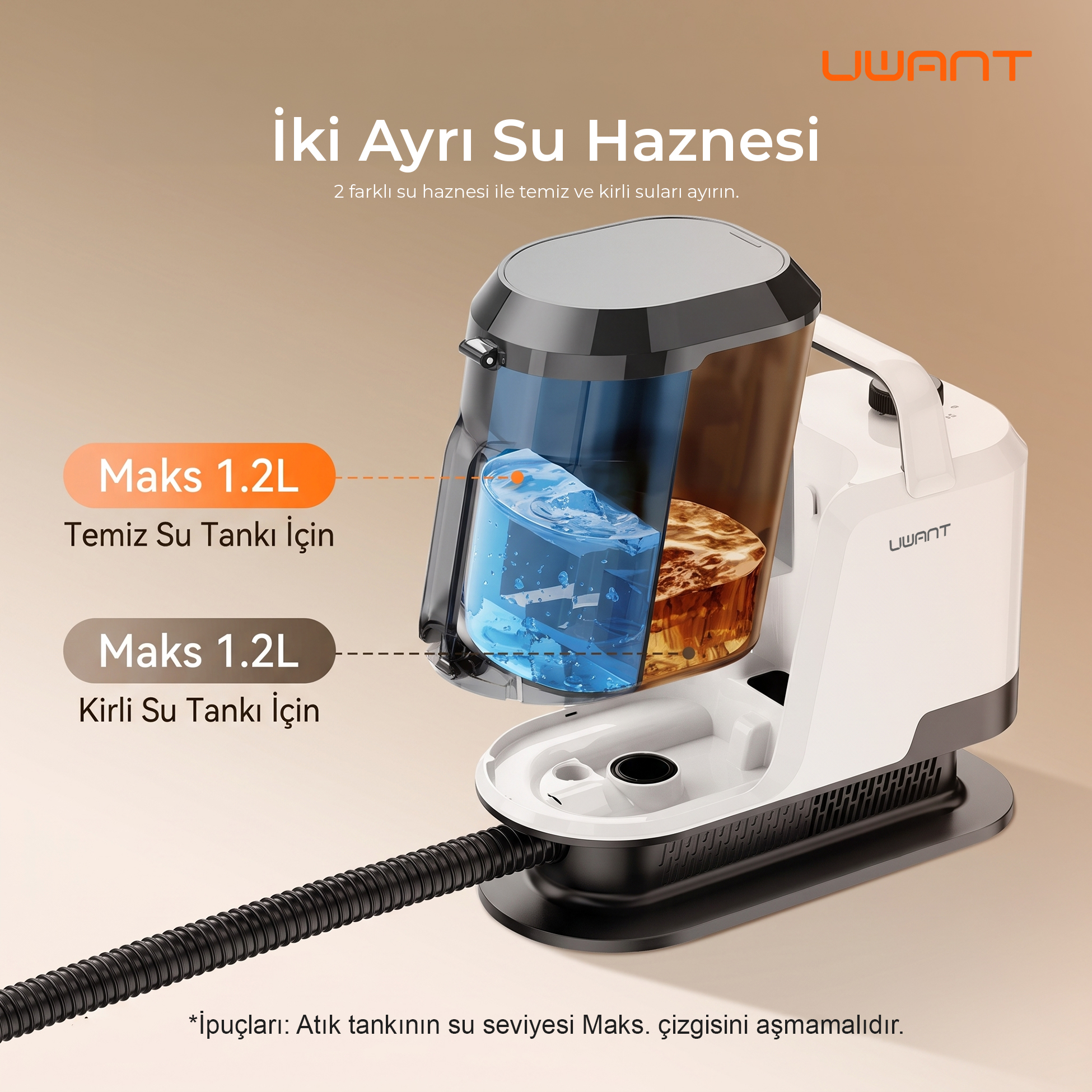 Temiz ve kirli su için iki adet 1.2L hazneli UWANT temizlik makinesi.