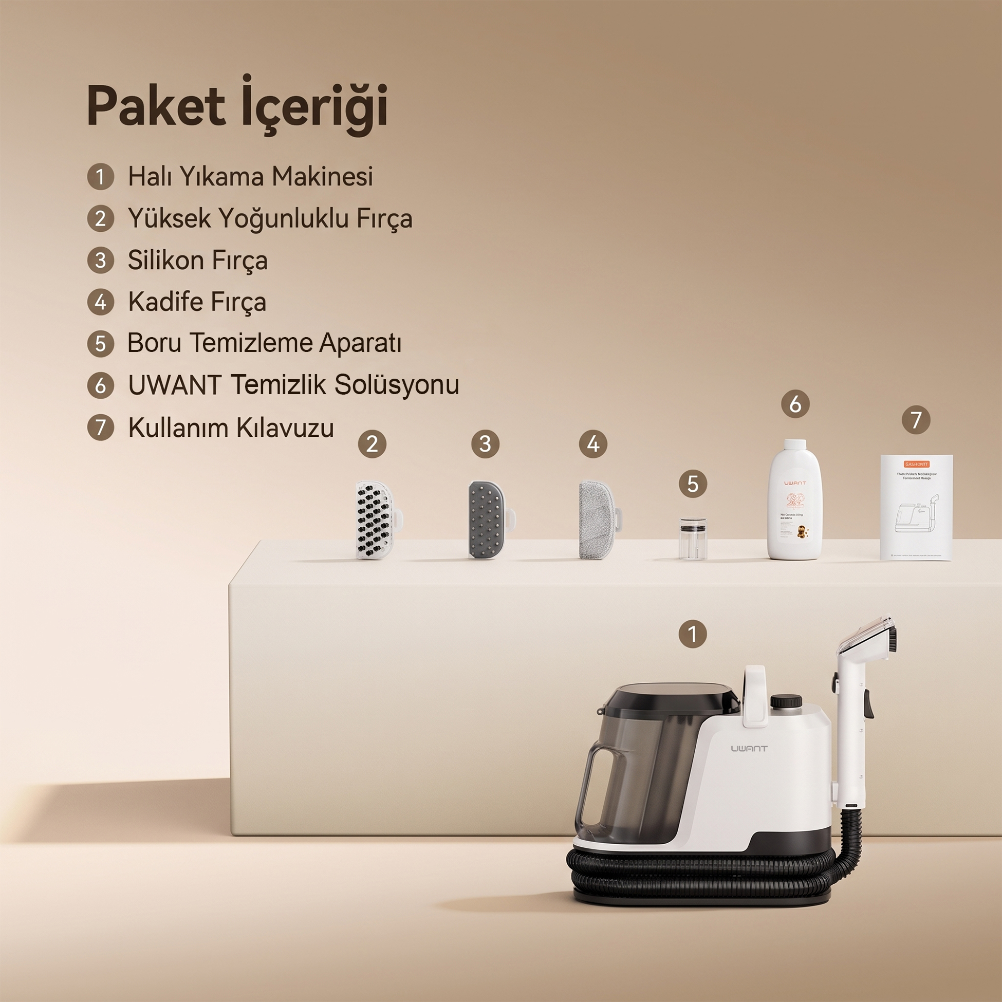 Bej arka planda halı yıkama makinesi, fırçalar, temizlik solüsyonu ve kılavuzdan oluşan paket içeriği.
