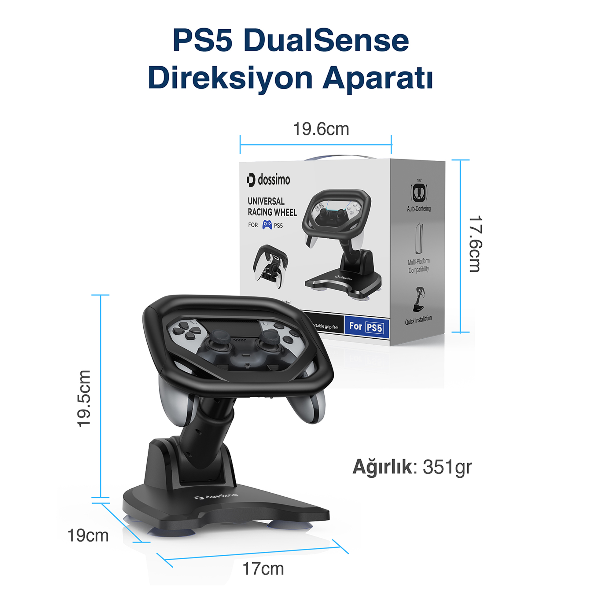 Ölçüleri ve kutusu ile PS5 DualSense yarış direksiyonu aksesuarı.