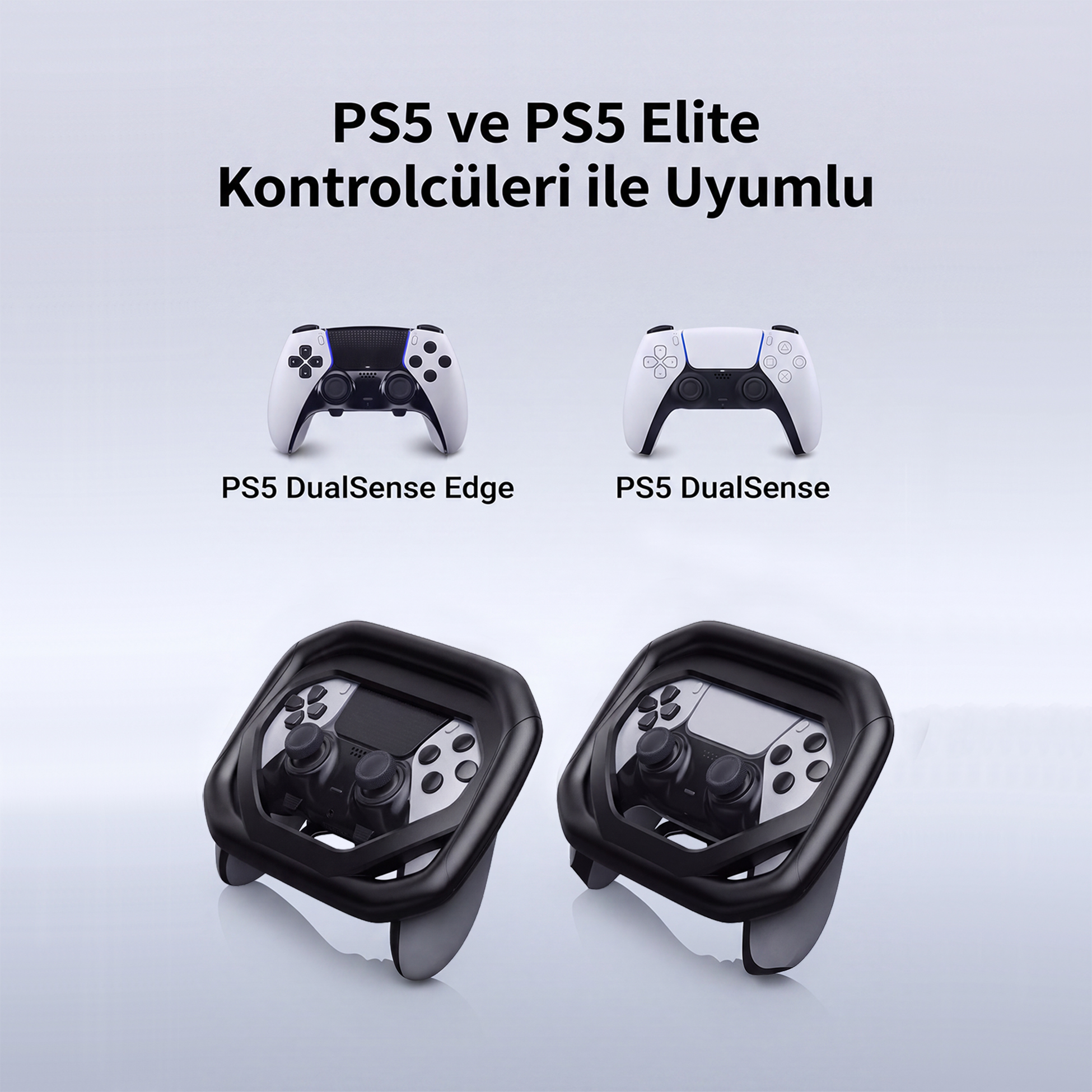DualSense Edge ve standart PS5 kontrolcüleri ve siyah direksiyon aksesuarları.