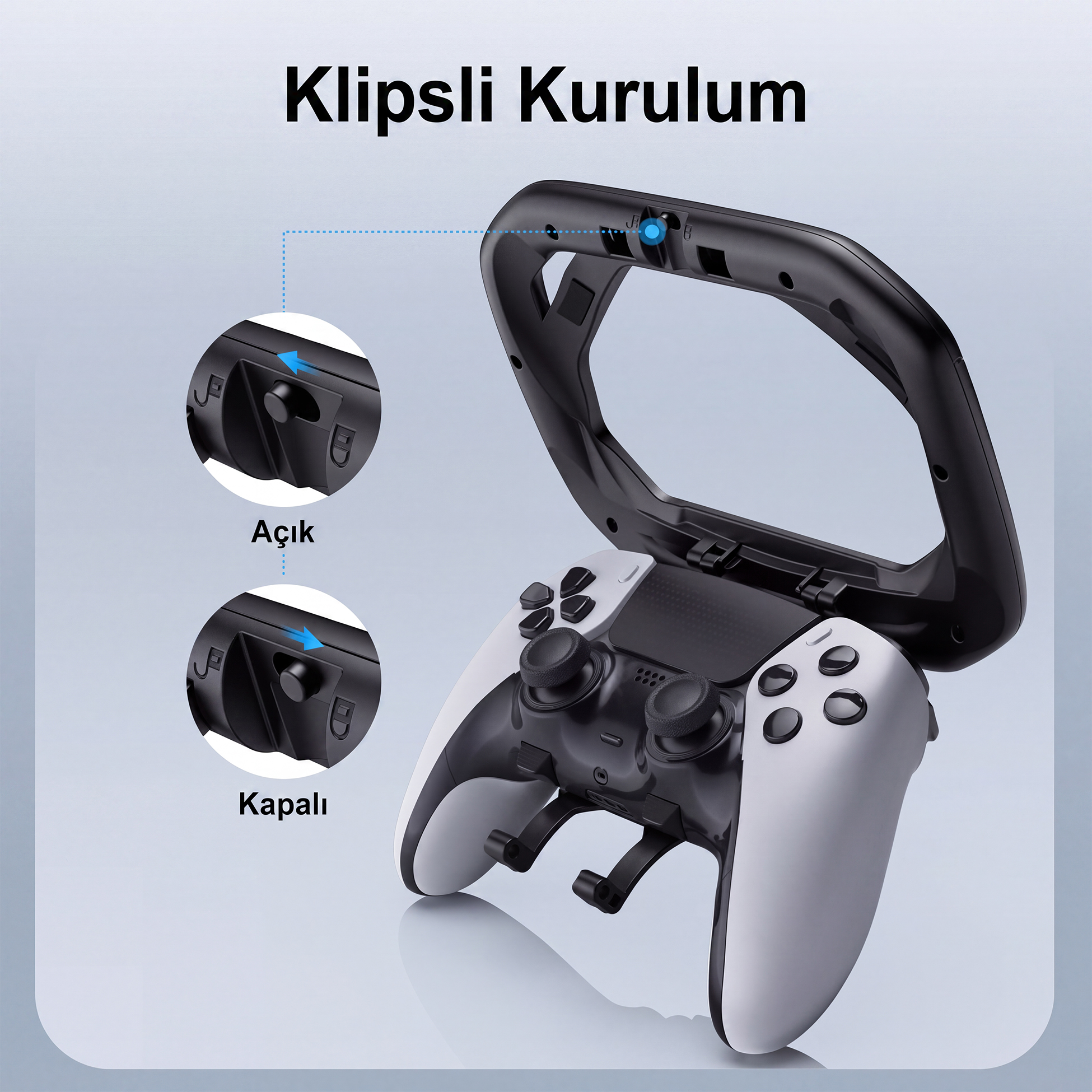 Siyah-beyaz oyun koluna takılı siyah klipsli çerçeve, açık ve kapalı durumları gösteren iki küçük daireyle birlikte.