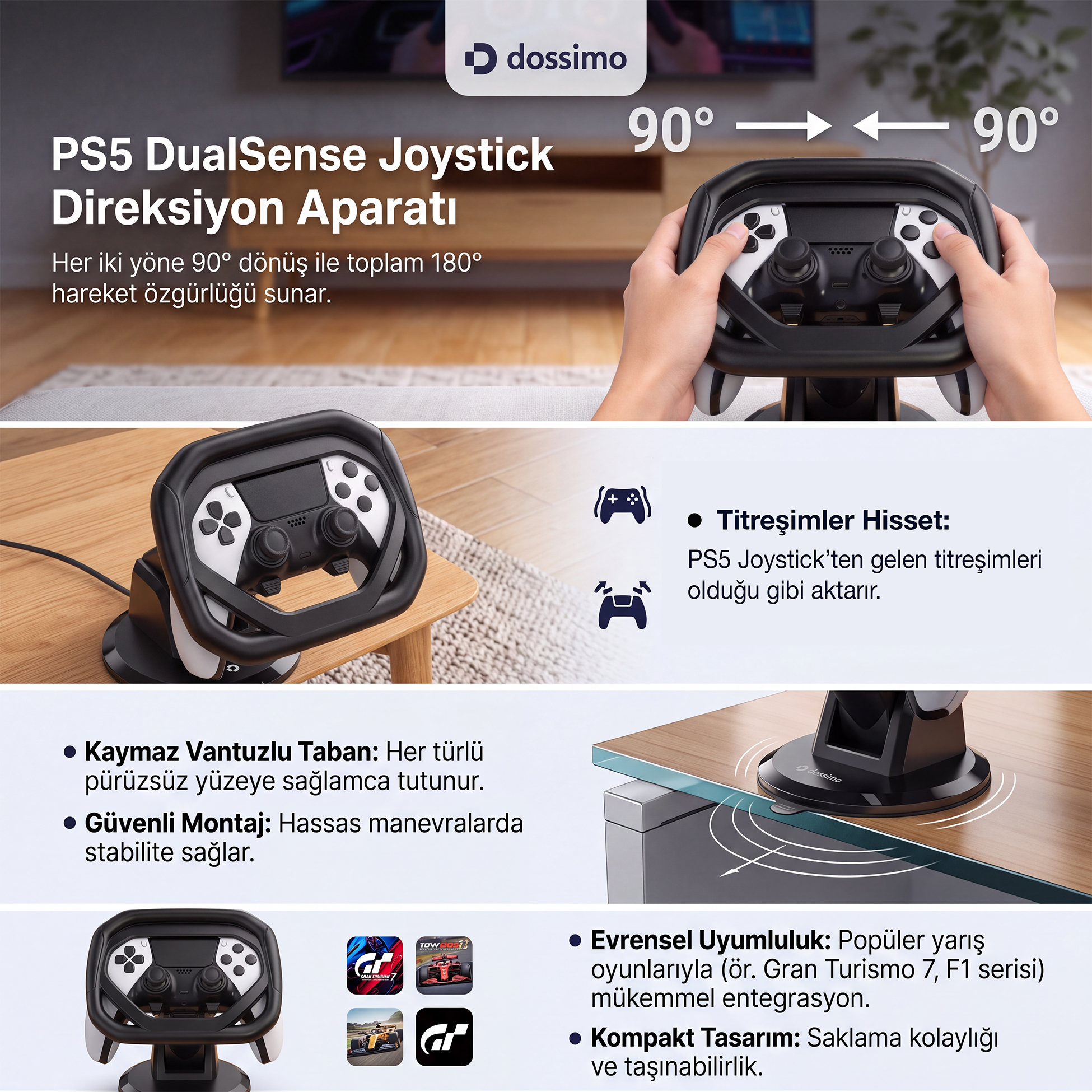 180 derece dönüş ve vantuz taban özelliklerini detaylandıran yazılı bir PS5 kontrol cihazı direksiyon aparatı.