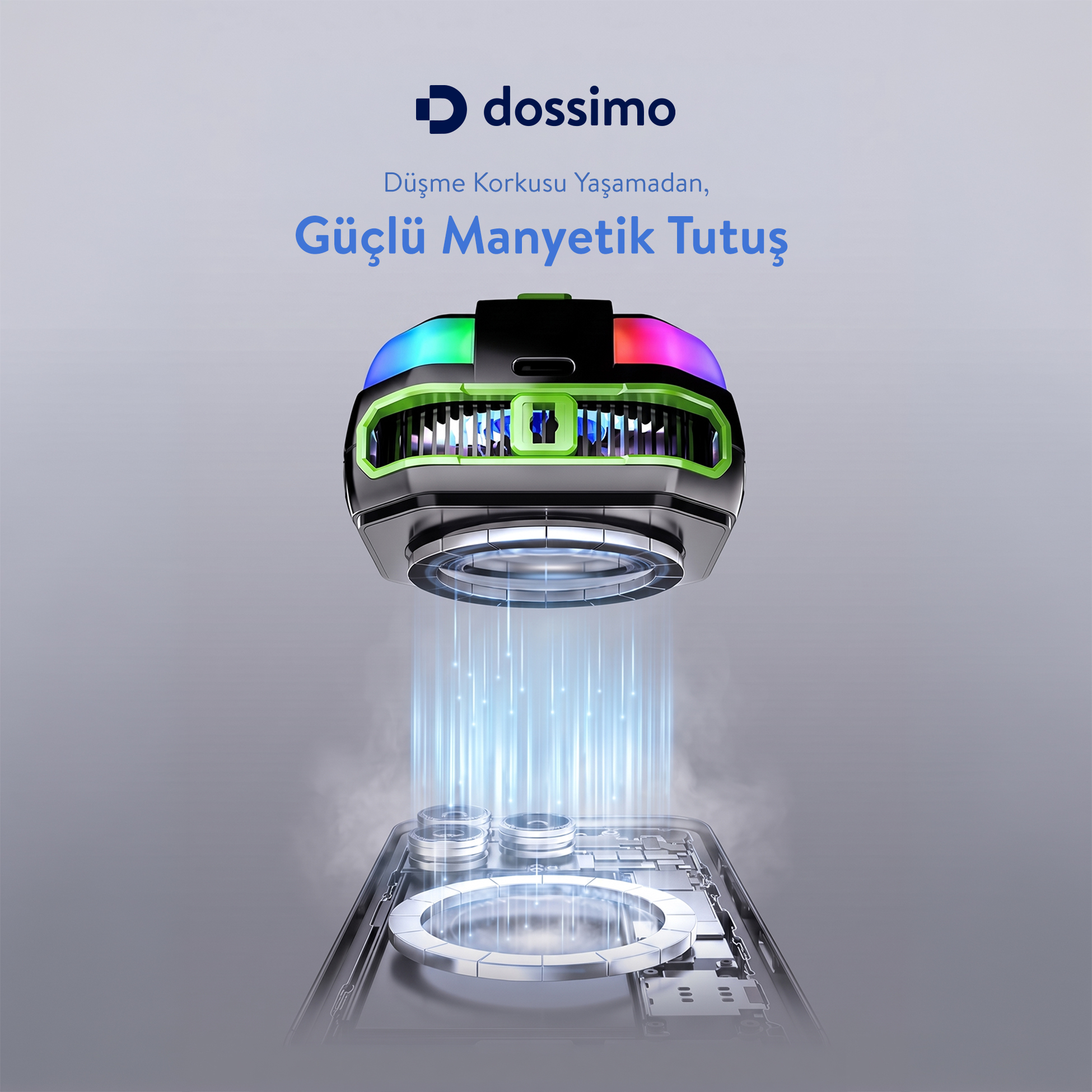 RGB ışıklı bir Dossimo manyetik telefon soğutucusu, parçalarına ayrılmış bir telefonun üzerinde duruyor.