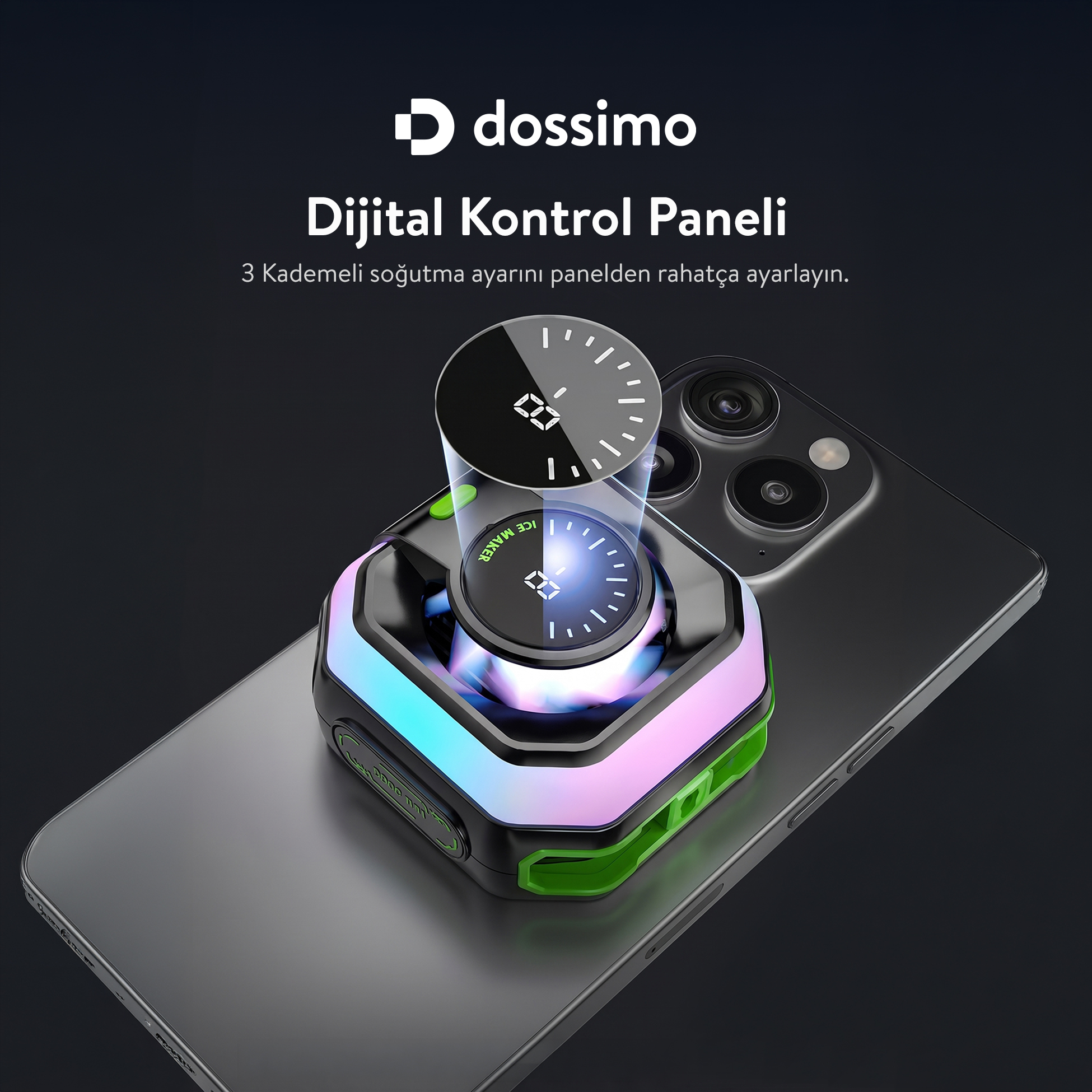Akıllı telefon üzerinde dijital kontrol panelli RGB telefon soğutucu, üstte yazıyla.