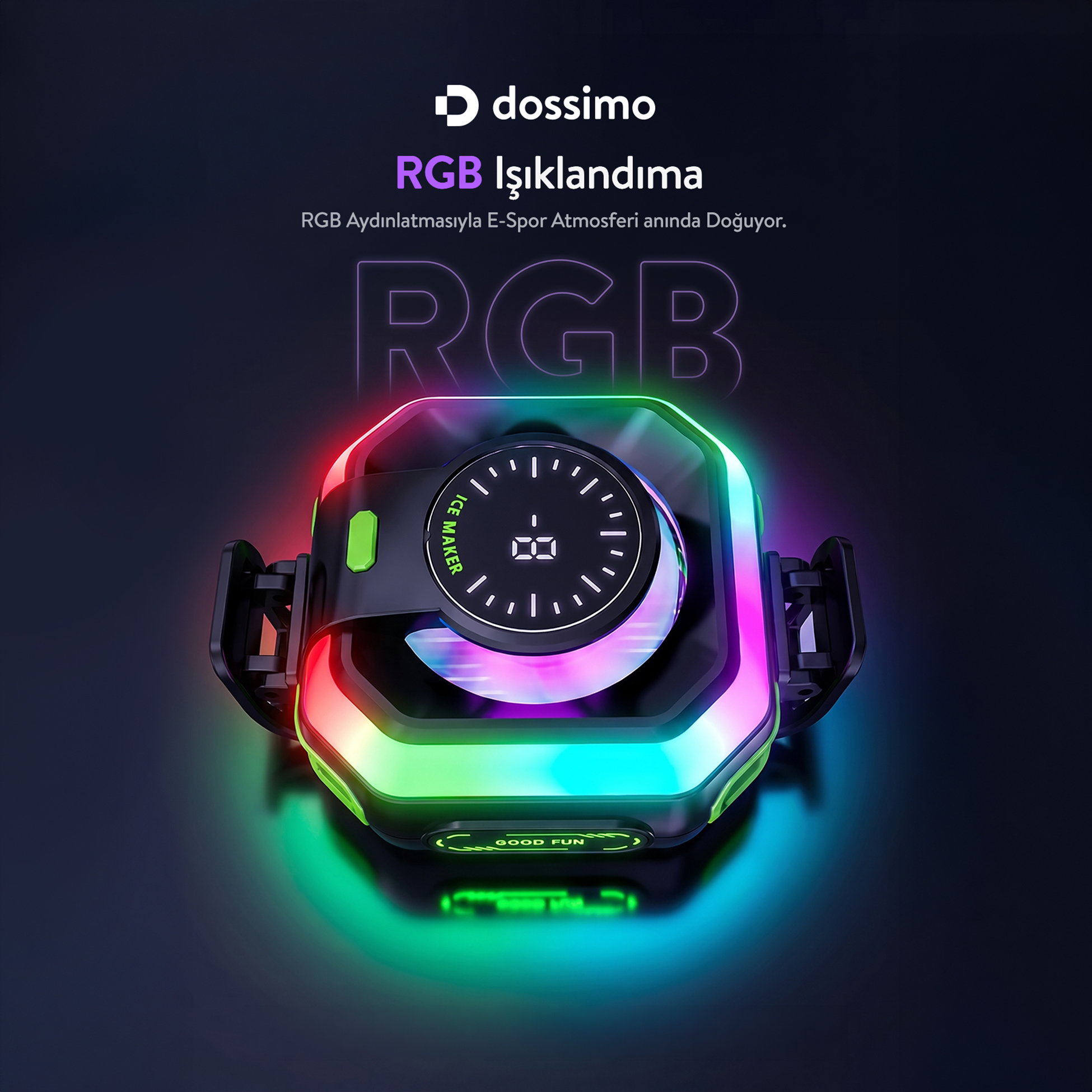 Parlak çok renkli RGB aydınlatmaya, yuvarlak ekrana ve klipslere sahip karanlık arka planda duran Dossimo cihazı.